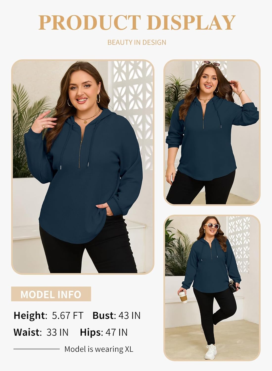 Eytino Plus Size Sweatshirts for Women Waffle Knit Long Sleeve Drawstring Half Zip Fall Fashion Pullover Hoodies Tops(1X-5X) - Image 3