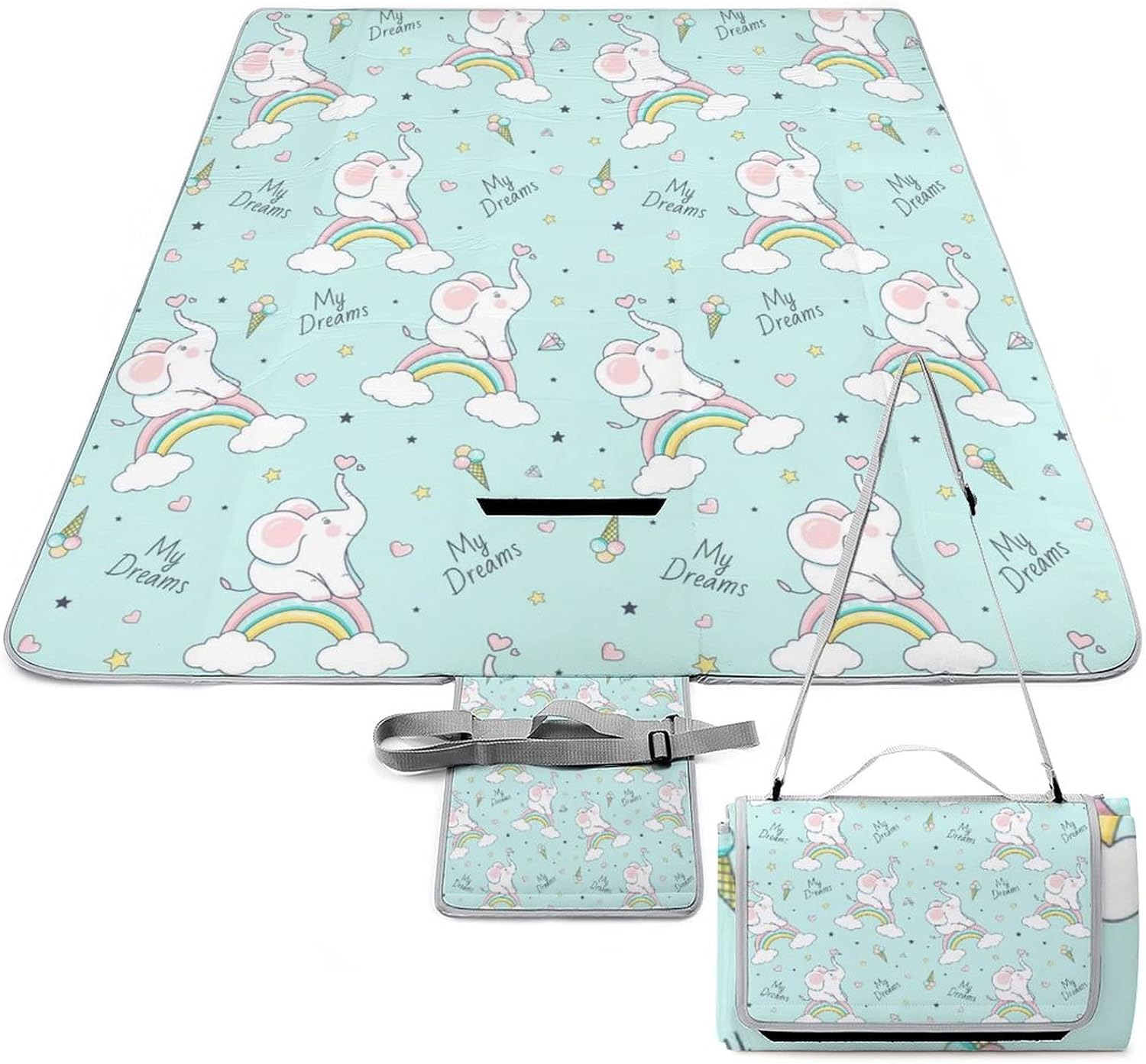 Cute Elephant Soft Waterproof Folding Picnic Blanket Cartoon Rainbow Girl Baby Elephant Ice Cream Diamond Design for Outdoor Picnics, Beach, Camping 58.3x58.3 Inch
