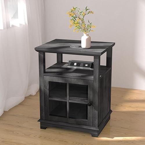 Miniatura 47 de Mesa auxiliar con estación de carga rápida, mesa auxiliar con 2 tomas de corriente y puertos USB, mesita de noche con almacenamiento semiabierto,