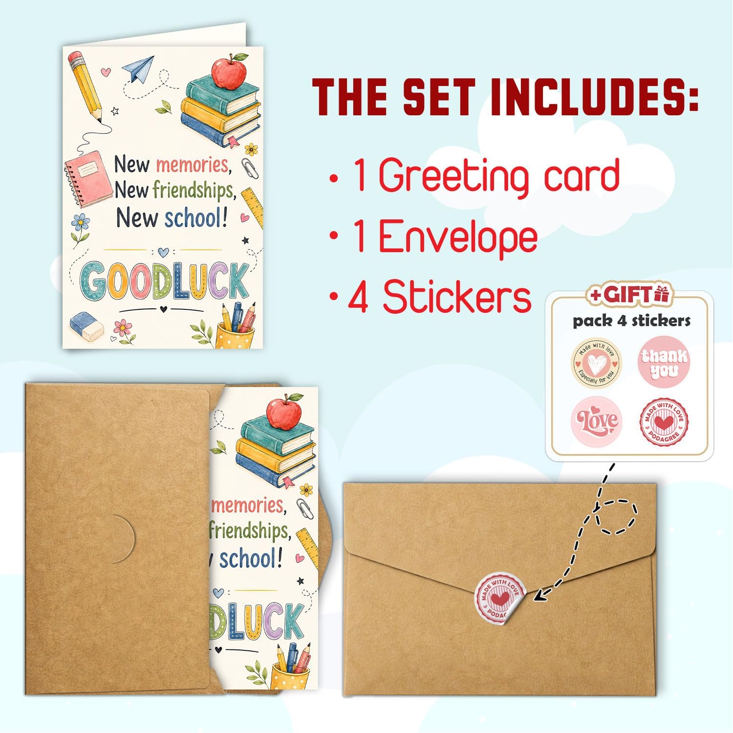 New memories New friendships Good Luck Back to School Card Motivation Welcome First Day of School Year Gift for Boys Girls Students Teacher Card Gifts Supplies Grade Class Greeting Cards 5.3''x8" image 2