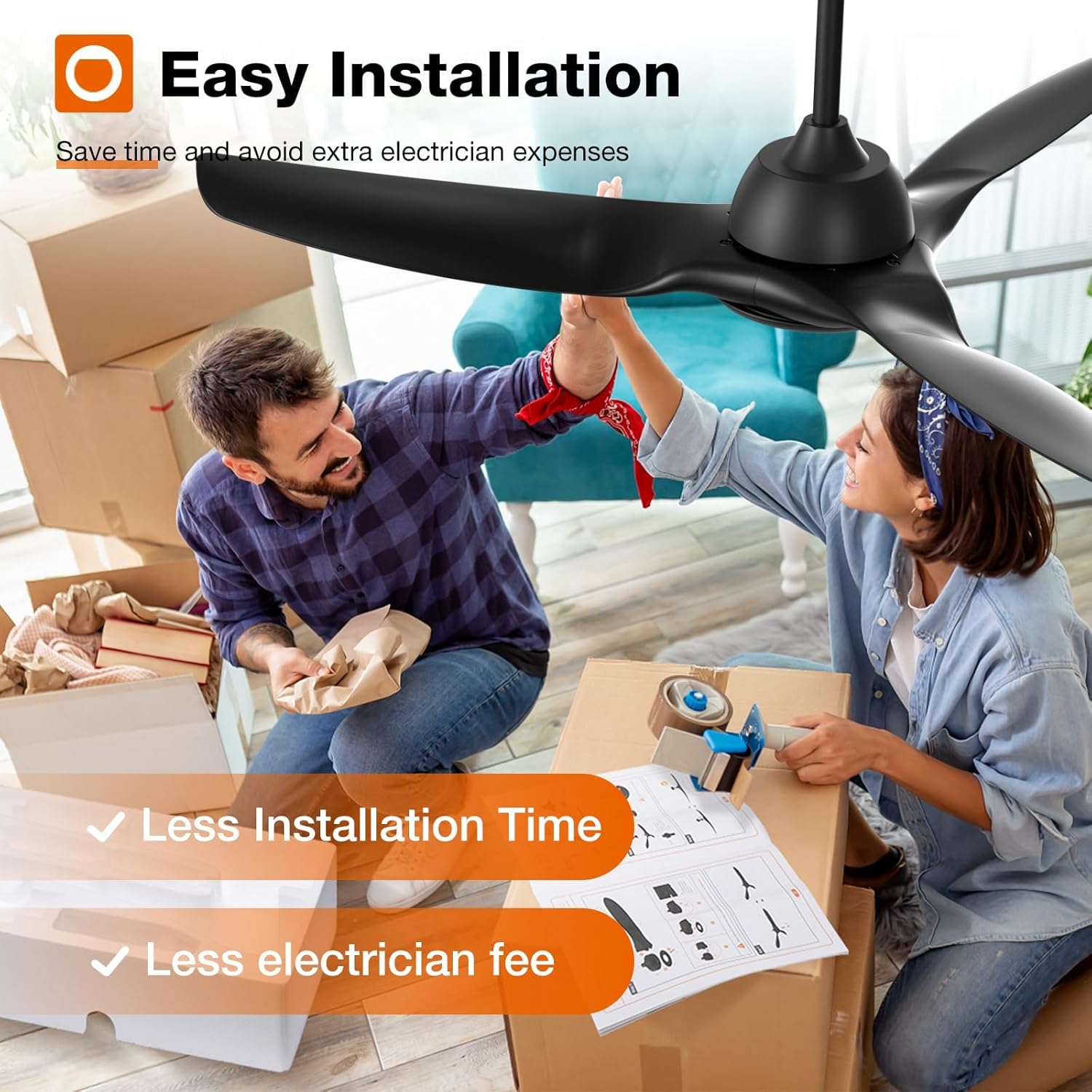 Two people assembling a ceiling fan, with an instruction manual visible, illustrating the ease of installation.