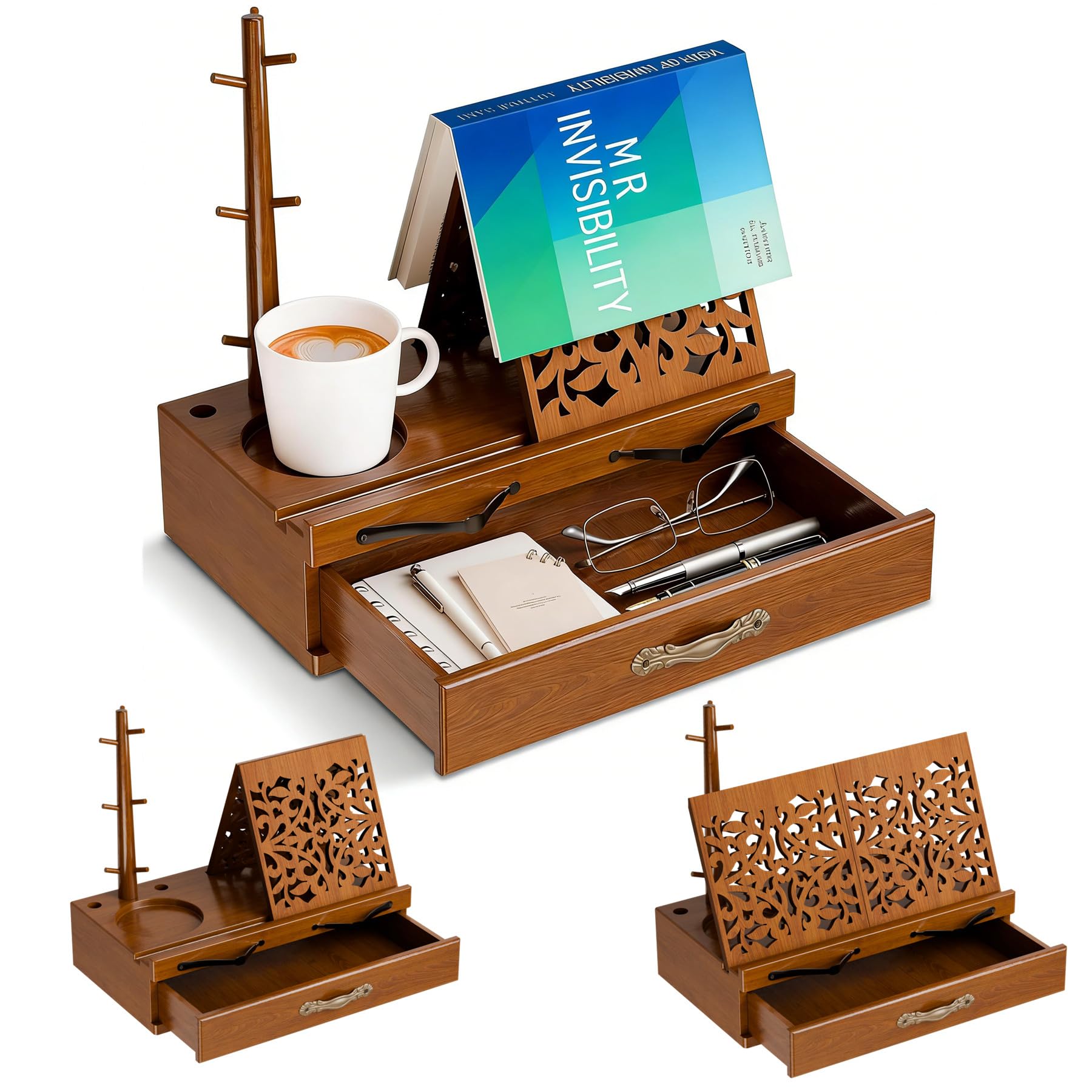 Support de Lecture en Bois avec Tiroir, Porte-stylo et Porte-tasse, Support de Livre Triangulaire pour Bureau et Table de Chevet