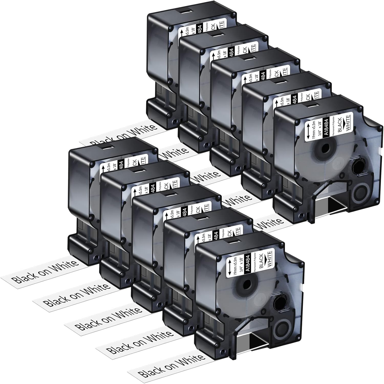 10 Pack Compatible for Dymo Rhino 18484 3/4" x 18' Black on White Permanent Polyester Industrial Label Tape Rhino 4200 5000 5200 6000 and 3M Label Makers