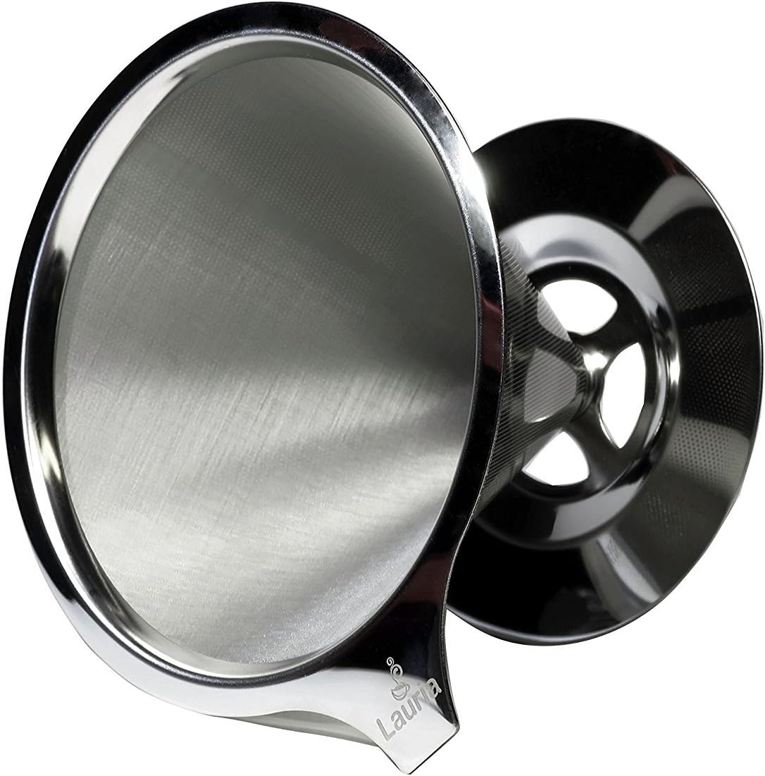 Lauria Pour Over Coffee Dripper - Stainless Steel Coffee Filter and Maker - Reusable Coffee Cone Brewer with Paperless Double Layer Fine Mesh Design