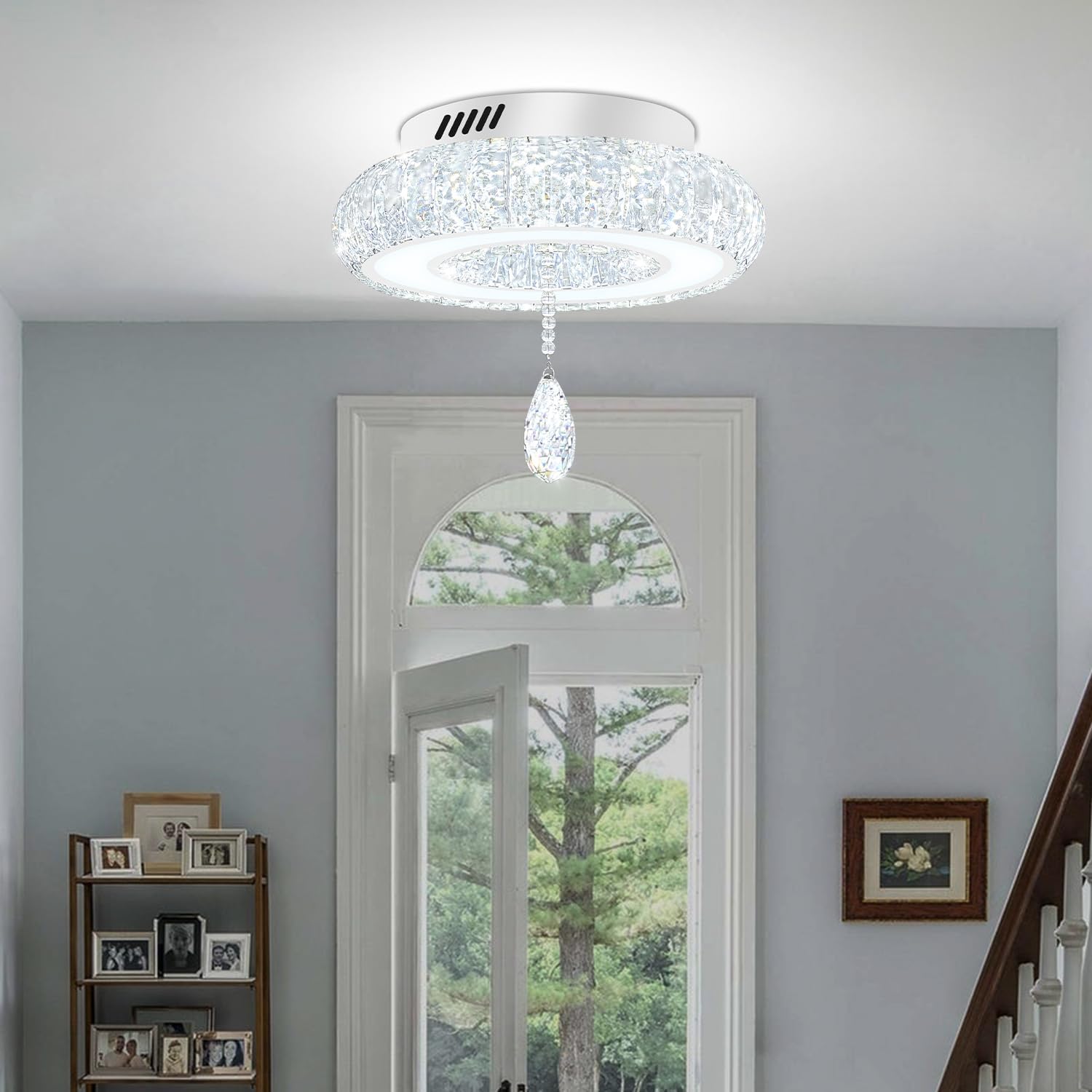 Glam Crystal Ring Chandeliers for Living Room Silver 12in Modern Led Flush Mount Chandelier with K9 Crystal Raindrop