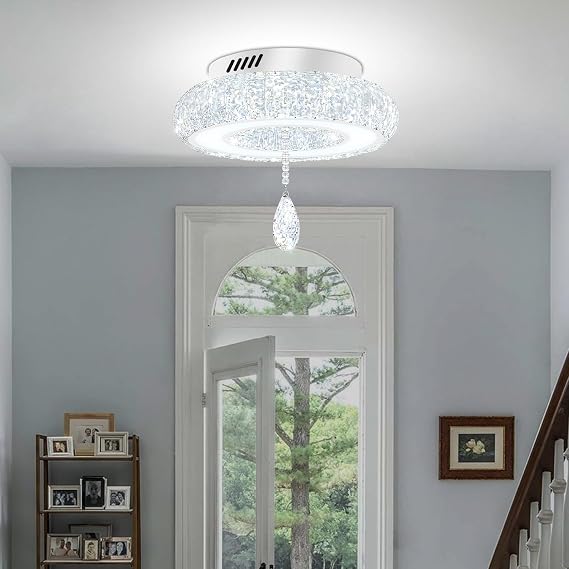 Glam Crystal Ring Chandeliers for Living Room Silver 12in Modern Led Flush Mount Chandelier with K9 Crystal Raindrop