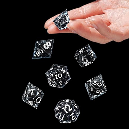 Miniatura 18 de AUSTOR Juego de dados DND de resina de núcleo líquido, de borde afilado, 7 troqueles, juego de dados DND de arena movediza hechos a mano