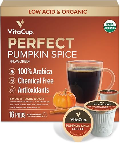 VitaCup Pumpkin Spice Low Acid USDA Organic Coffee Pods, Fair Trade, 16ct | Lab Tested for Mold, Toxins and Chemicals