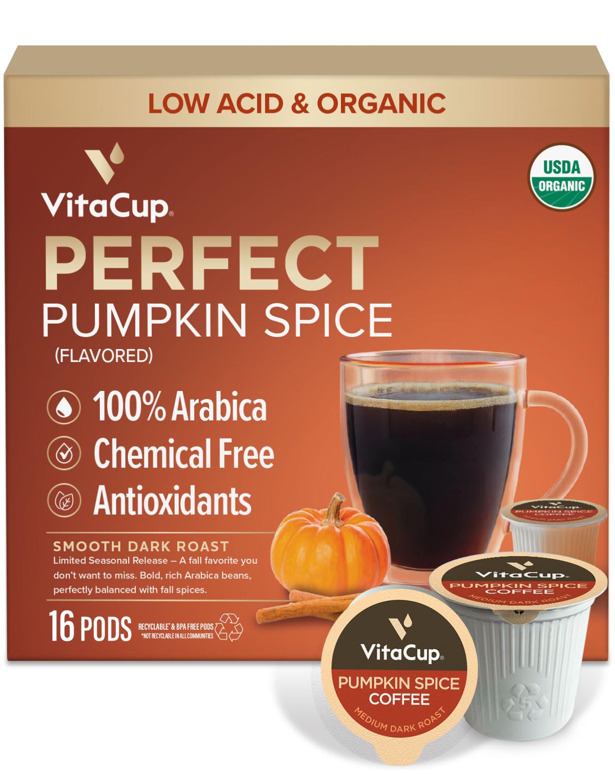 VitaCup Organic Pumpkin Spice Coffee Pods, Low Acid, Lab Tested for Mold, Toxins and Chemicals, Fair Trade Certified, Recyclable Single Serve Pods,