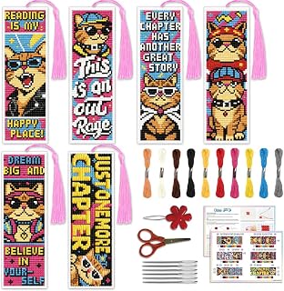ACRNIGHEET 6PCS Cross Stitch Bookmark Kit for Beginner Cool Cat Stamped Cross Stitch Kits Needlepoint Kit for Adults DIY Tassel Embroidery Bookmark Kits with Instructions Craft Gift 8.5"x3" 11CT