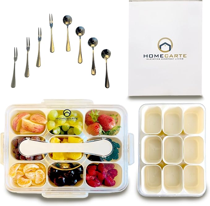 Divided Serving Tray with Lid and Handle - 9 Compartment Clear Serving Platter with Lid - Portable Snack Tray with Lid for Fruits, Candy & Charcuterie Beach, Party, Boat & Picnic - 11 x 8.3 x 2.8