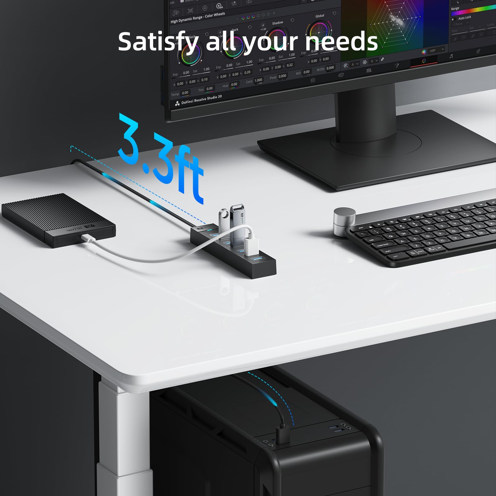 7-portowy hub USB 3.2 Gen1, koncentrator USB 3.0 z kablem 100 cm i portem zasilania 5 V/3A, koncentrator danych USB Hub USB do laptopa, MacBooka Pro/Mini,Surface Pro, mobilnego dysku twardego itp