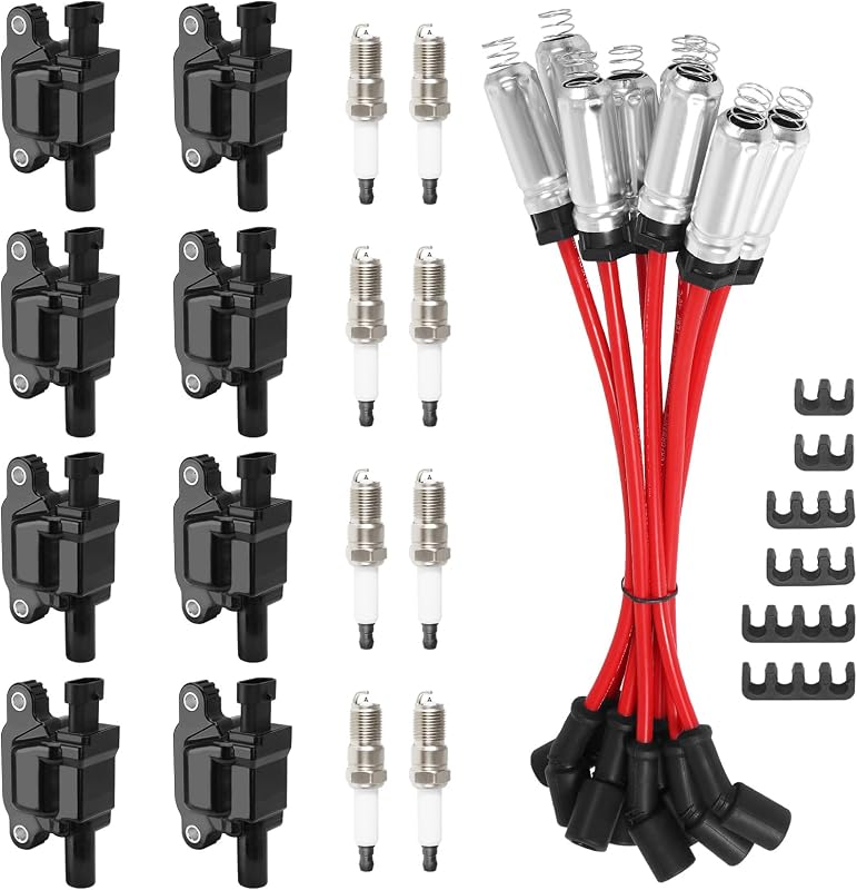 Kit com 8 bobinas de ignição quadradas UF413 TEMSONE, cabos de vela 8 mm e velas de ignição 41-962 para Chevrolet, GMC, Cadillac e Buick