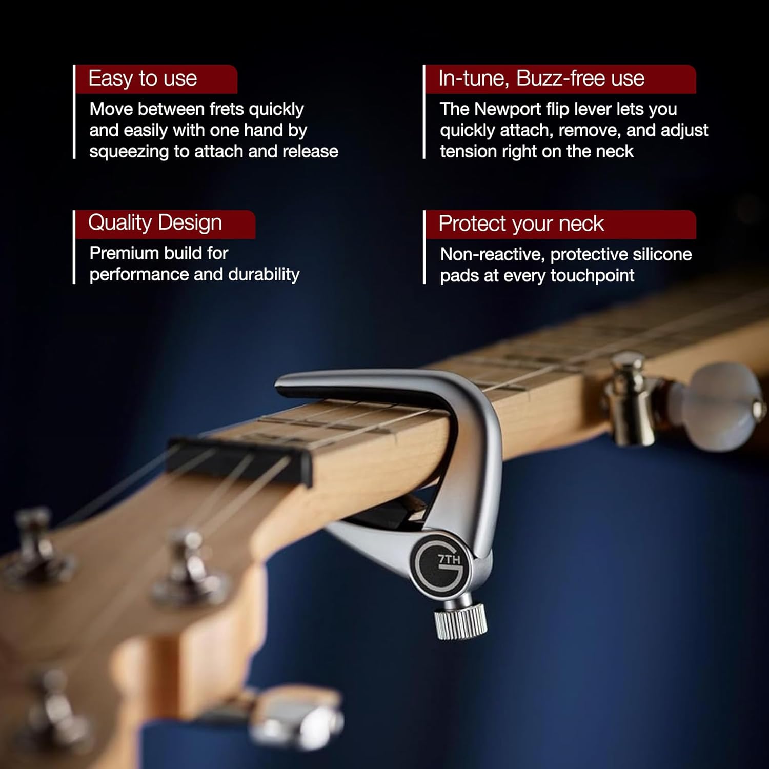 G7th Newport Silver Banjo Capo - Lightweight with Adjustable Tension Control - Protective Silicone Pads - The Perfect Capo for Banjos - UK Designed