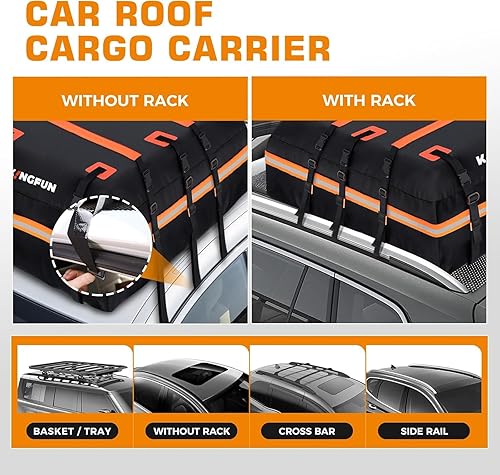 Miniatura 3 de Kingfun Portaequipajes para techo  Bolsa de techo impermeable de 15 pies cúbicos para todos los vehículos con o sin bastidores, incluye alfombrilla