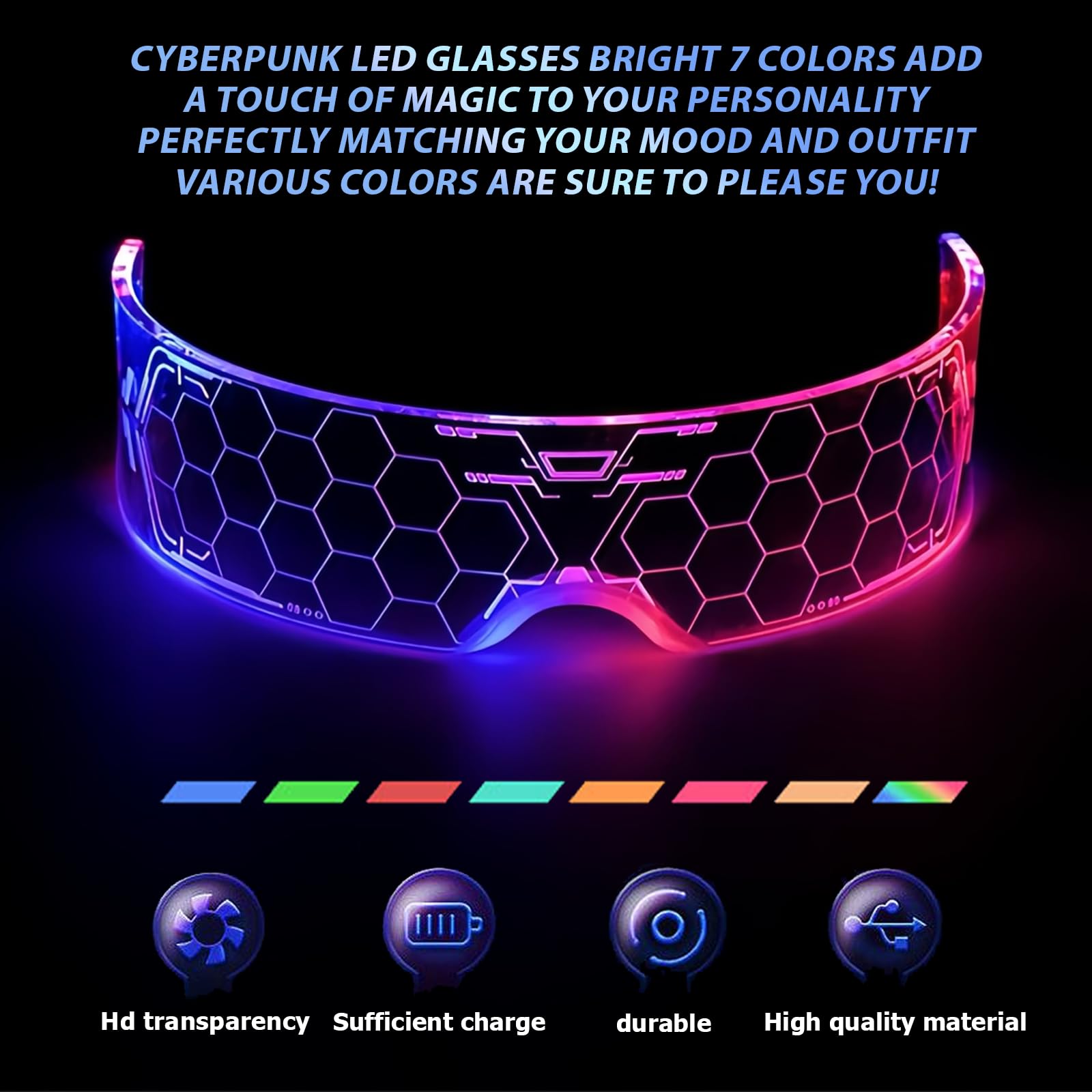 Cyberpunk LED Occhiali, 2 Pezzi: Occhiali Luminosi per Feste, Occhiali al Neon - per Carnevale, Festival, Costumi di Compleanno (7 Colori)