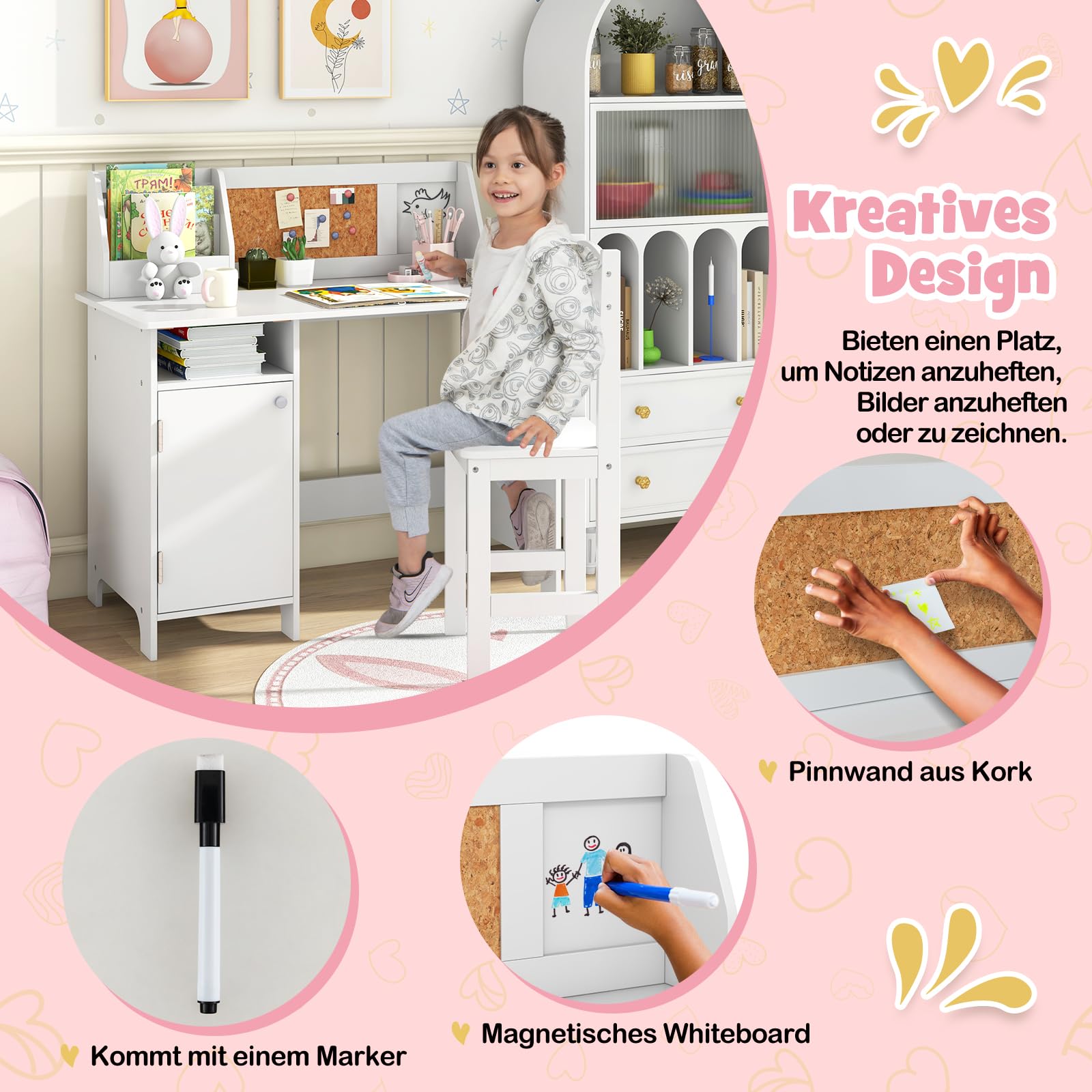 DREAMADE Kinderschreibtisch mit Stuhl, Schülerschreibtisch aus Holz, Jugendschreibtisch, Kinder Schreibtisch für Kinder mit Bücherregal & Aufbawahrungsschrank & Ablage & Pinnwand (Weiß)