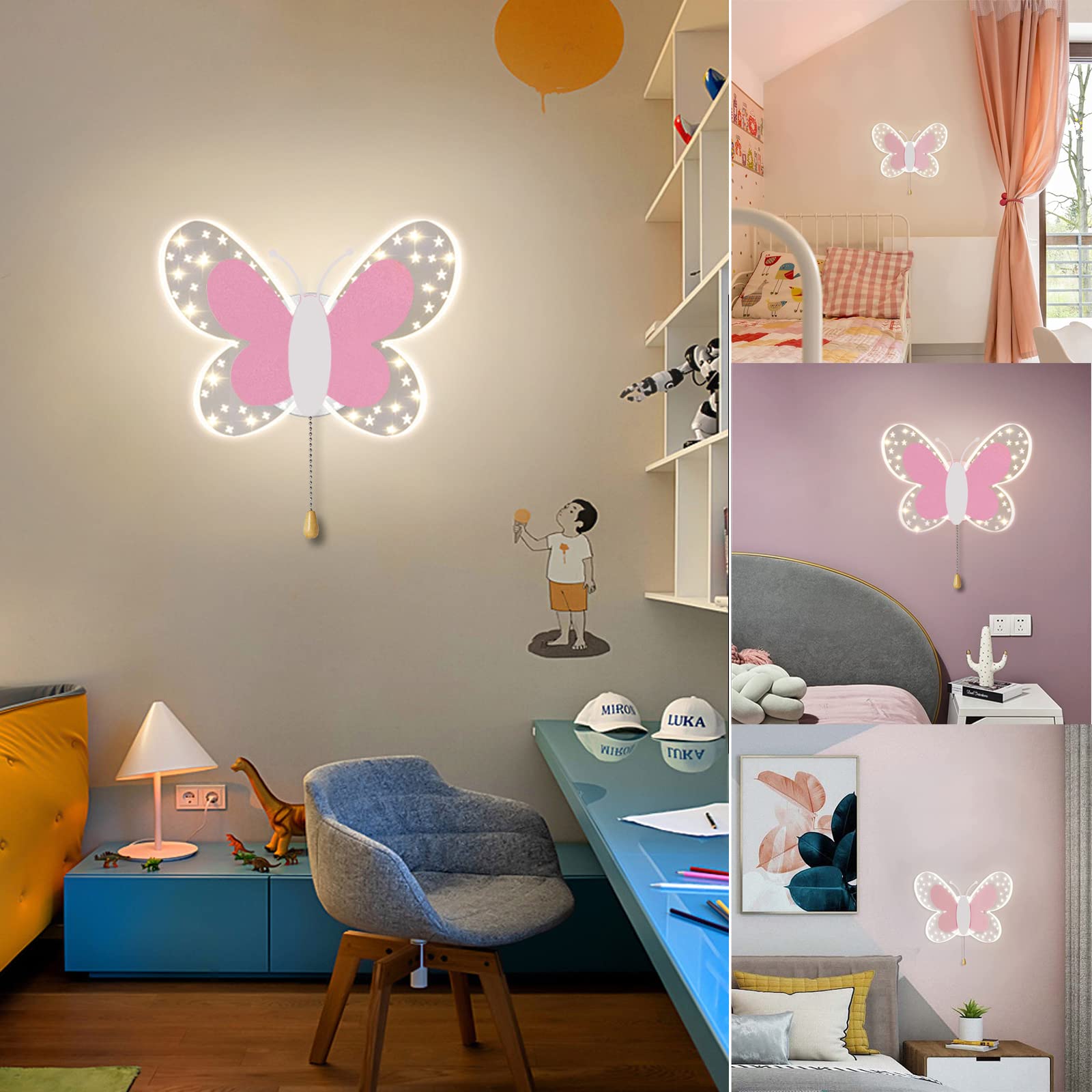 Lampada da Parete a LED per Cameretta dei Bambini, 16W Lampada a Muro con Interruttore, Effetto Stella Illuminazione a Parete per Camera da Letto, 3 Temperature di Colore Regolabili, Rosa