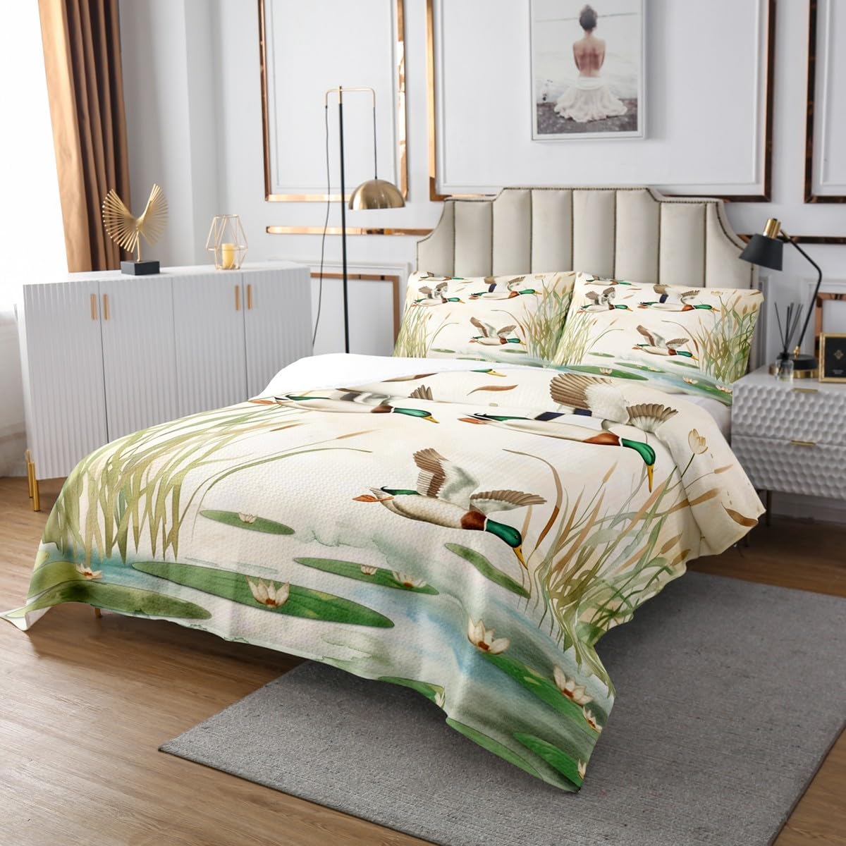Erosebridal Mallard Duck Kids Twin Bedspread Set Botanical Lake View Quilt Set,Country Rusitc Decor Coverlet Set Wildlife Animlas Bedding for Boys Girls Teens Bedroom Decor