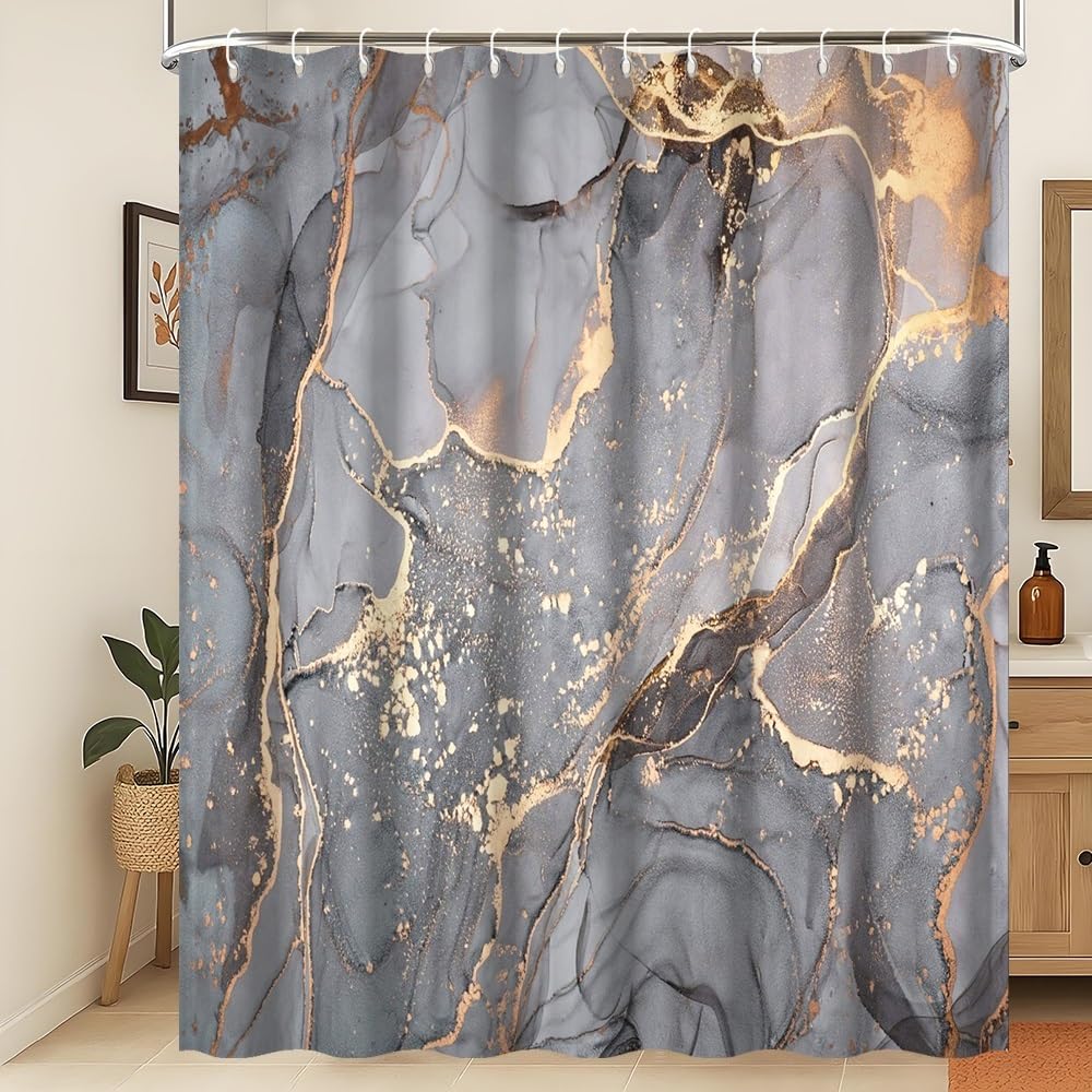 Xiaoterna Marble Shower Curtain Modern Abstract Grey Gold Marble Bathroom Curtain Grey Gold Splatter Textile Waterproof Shower Curtain Machine Washable Waterproof Fabric 105x160cm โ image 1