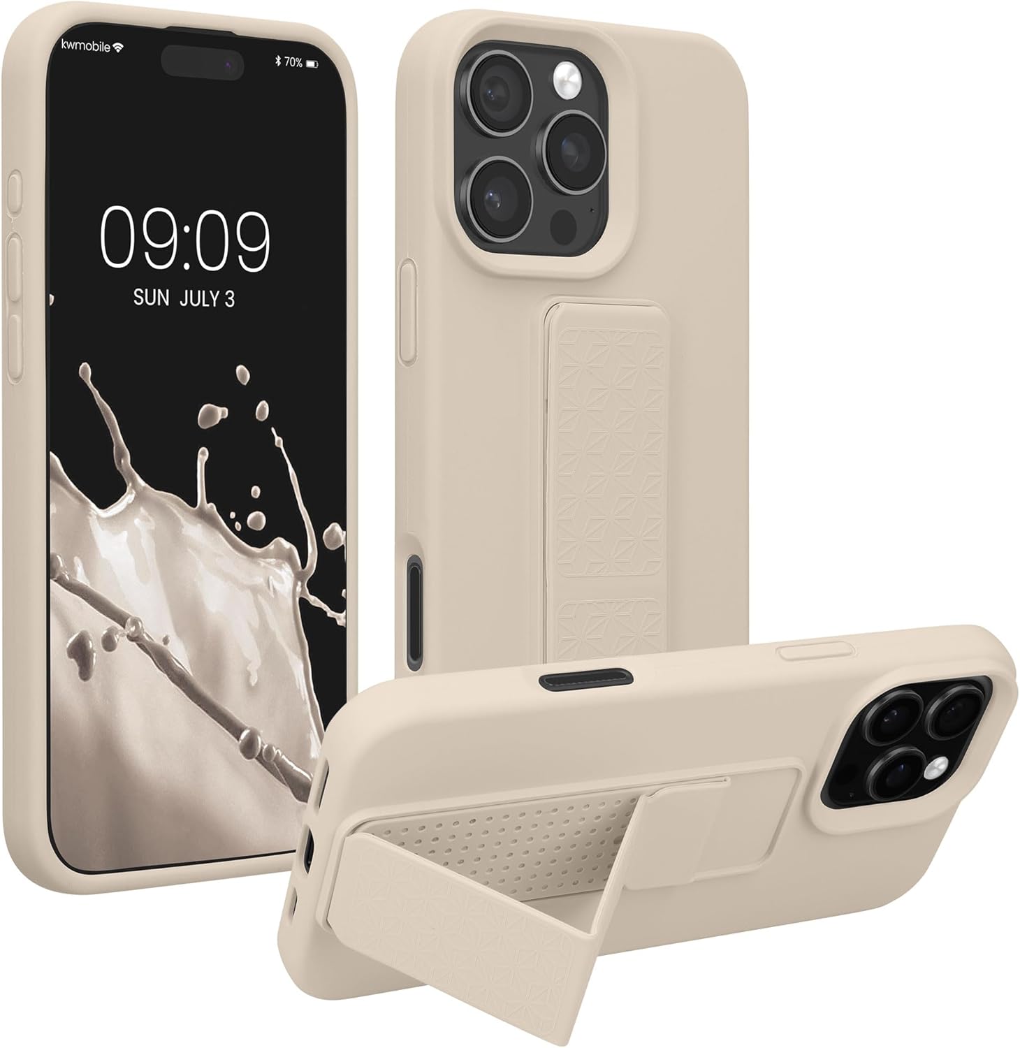 kwmobile Case Compatible with Apple iPhone 16 Pro - Case with Hand Strap and Stand Soft TPU Silicone Coating - Cream