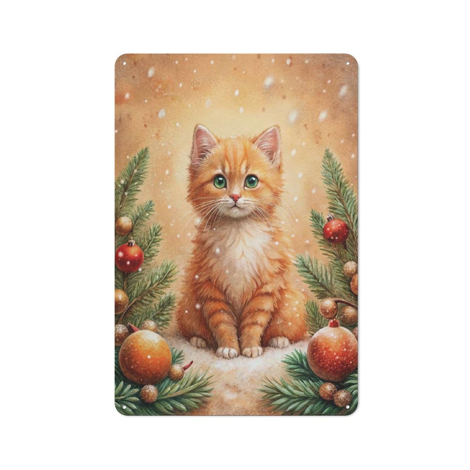 Junmoney Style-7 Retro Retro Metal Sign 30X20cm Featuring Ginger Kitten Christmas Portrait, Garage Wall Decor For Garage, Hobby Room, Office Or Man Cave