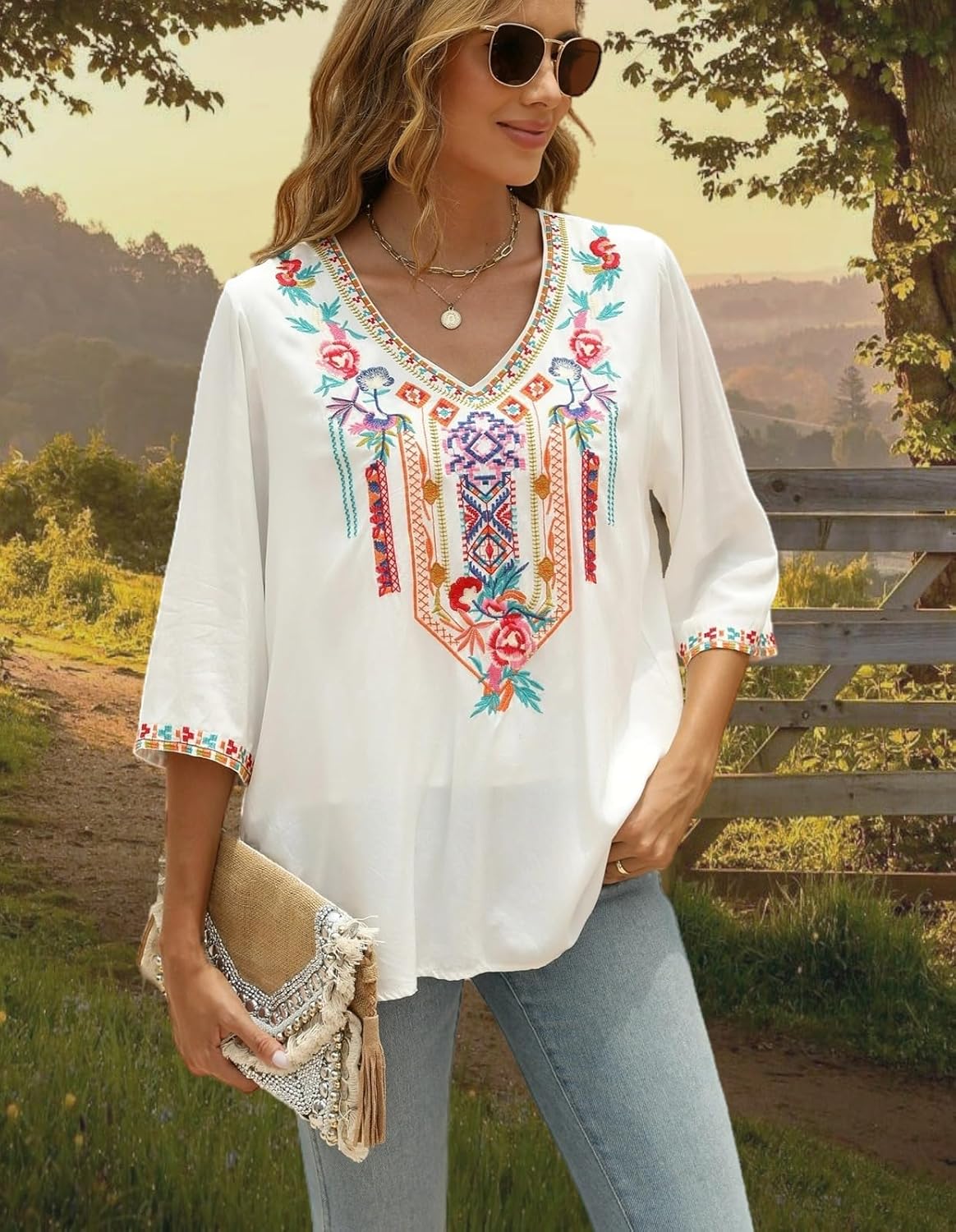 LauraKlein Women's Summer Boho Embroidery Mexican Bohemian Tops V Neck 3/4 Sleeve Causal Loose Shirt Blouse Tunic - Image 8