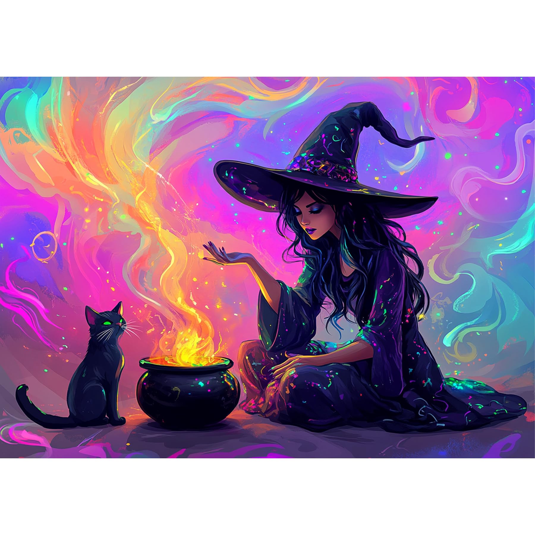 HEIBAGO Halloween Witch Diamond Art Kits for Adults, 5D Full Drill Round Black Cat Painting Gems with Magic Witch Diamond Painting, Diamond Dots