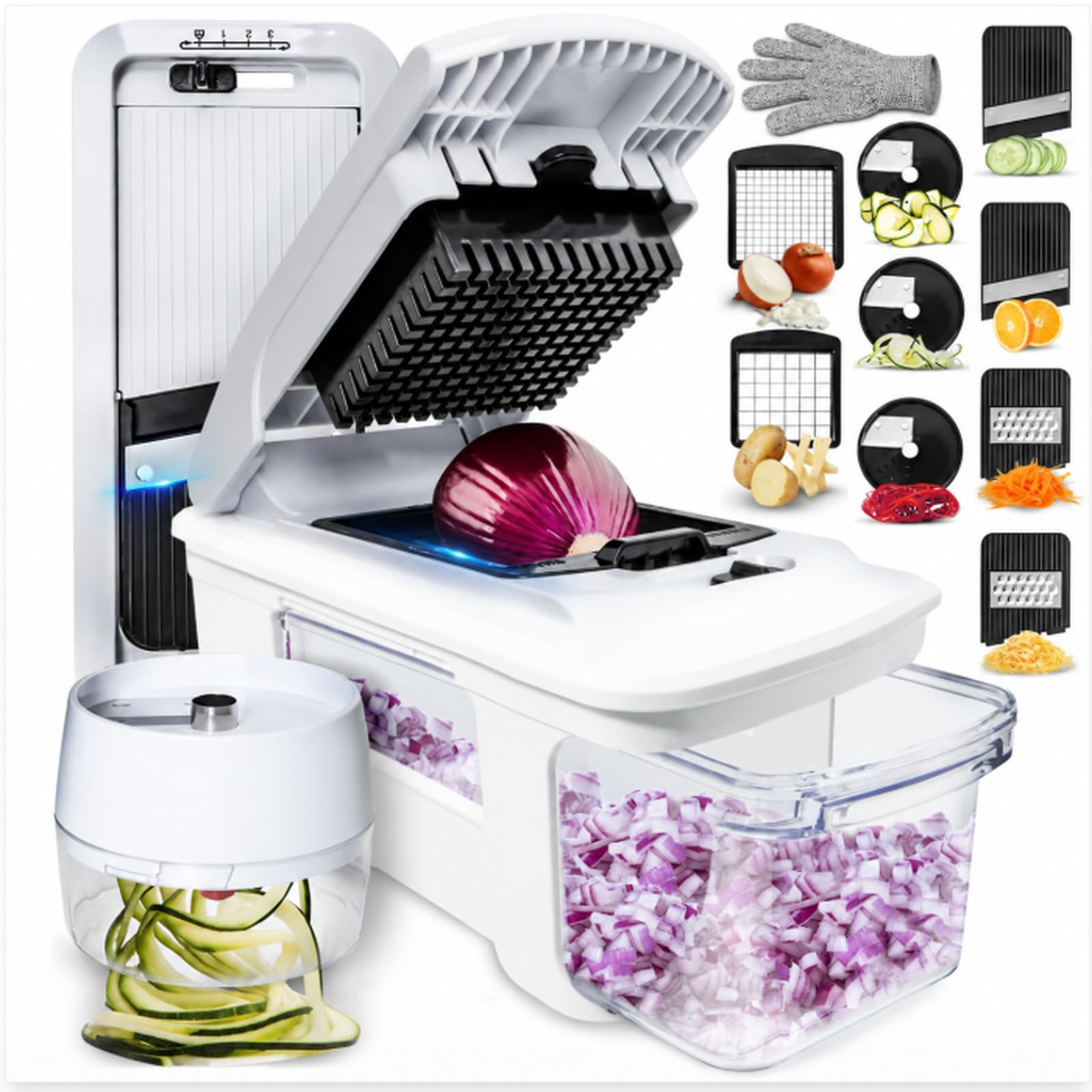 Imagen del producto: CHEFOLLA Cortador de Verduras, Picador de Verduras Multifunción 9 en 1 | Picador de Cebollas con 9 Cuchillas de Acero Inoxidable, Cortador de Alimentos Incluye Espiralizador de Mano