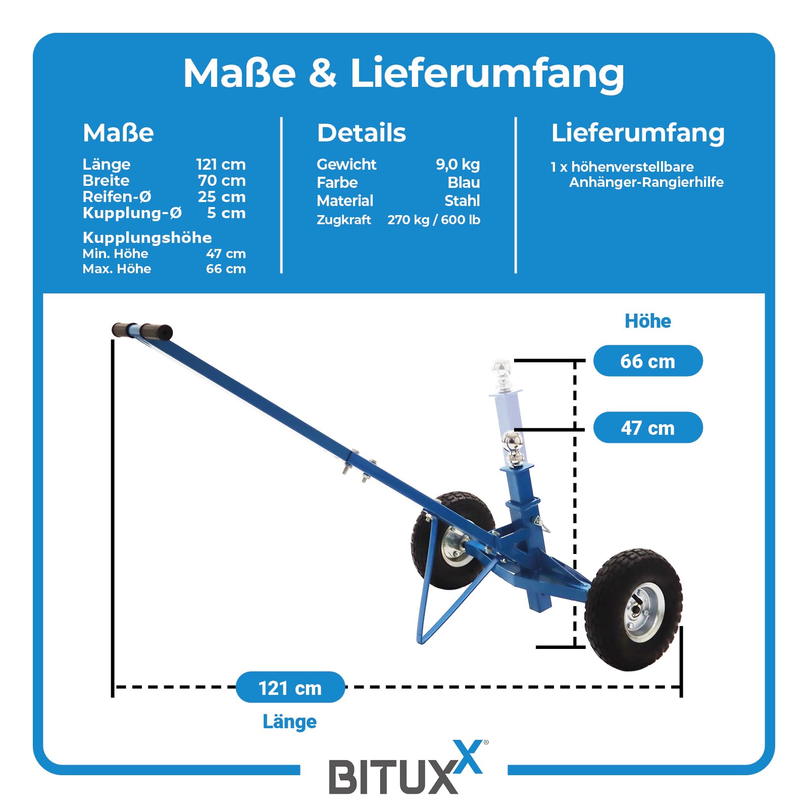 Bituxx Rangierhilfe Mover für Anhänger Trailer Hänger Rangierwagen Wohnwagen mit Kugelkupplung & Höhenverstellung einfaches Rangieren bis 270Kg