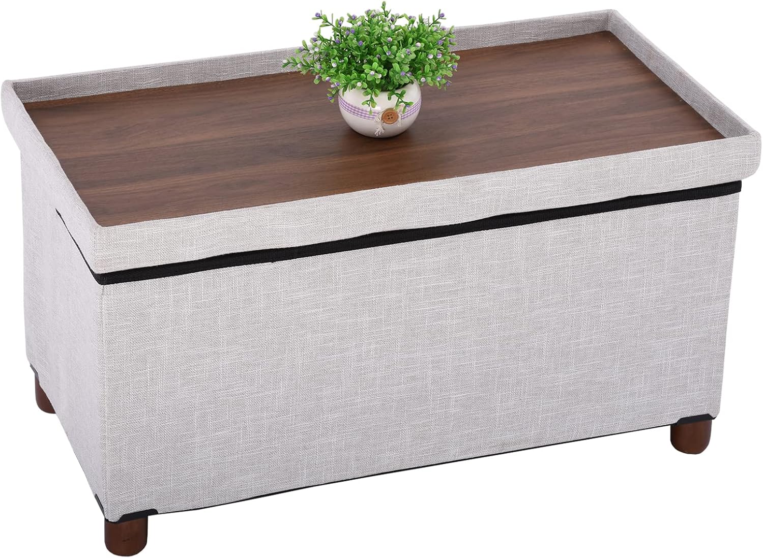30 Inches Storage Ottoman Bench with Wooden Legs for Living Room, Folding Foot Rest Removeable Lid for Bedroom End of Bed, Linen Fabric, White Rect Light Grey