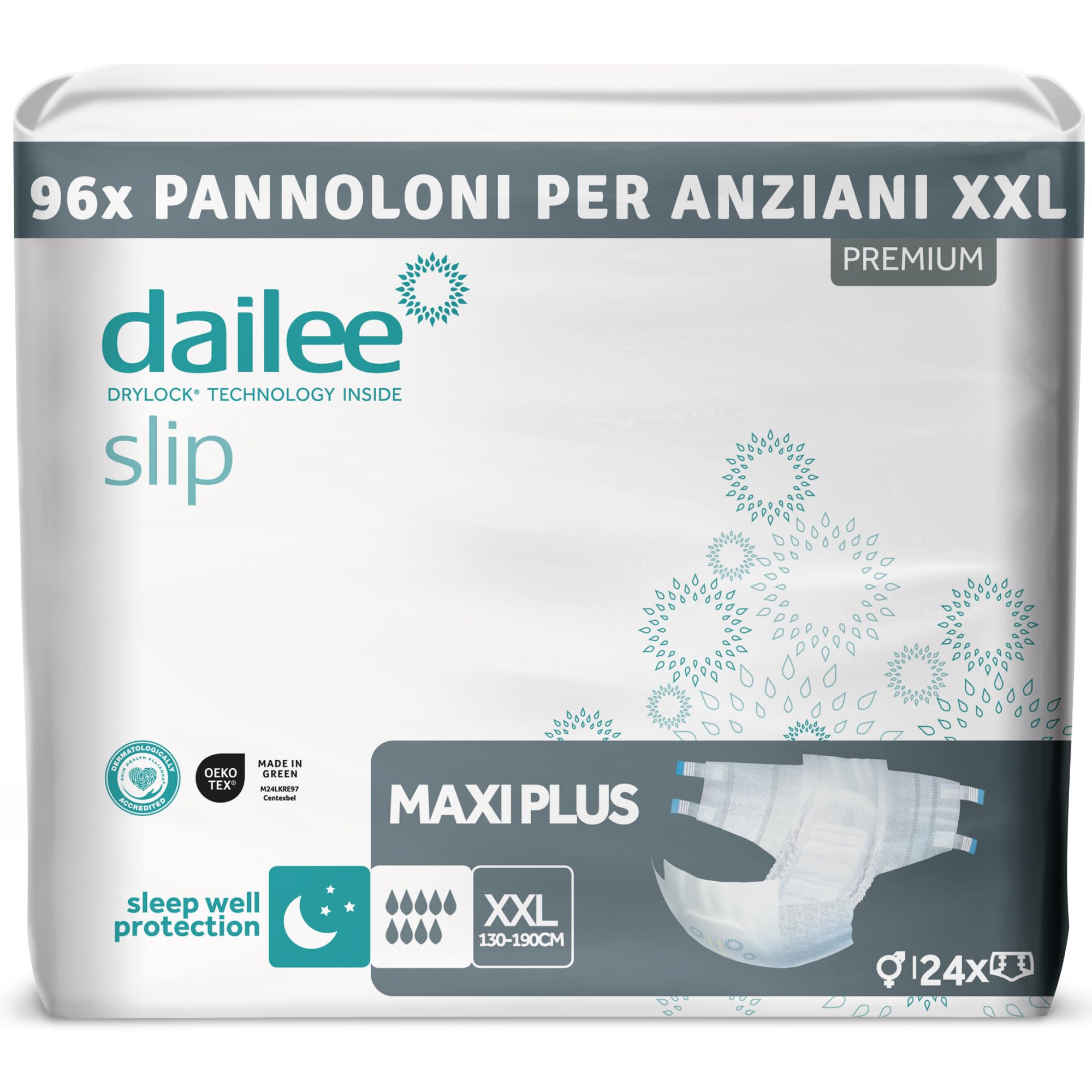 Dailee Slip Maxi Plus XXL - 96x Pannoloni Per Anziani Notte Super Assorbenti - 4 Confezioni da 24 Pezzi, Assorbenza 9 Gocce - Pannoloni per Anziani a Mutandina