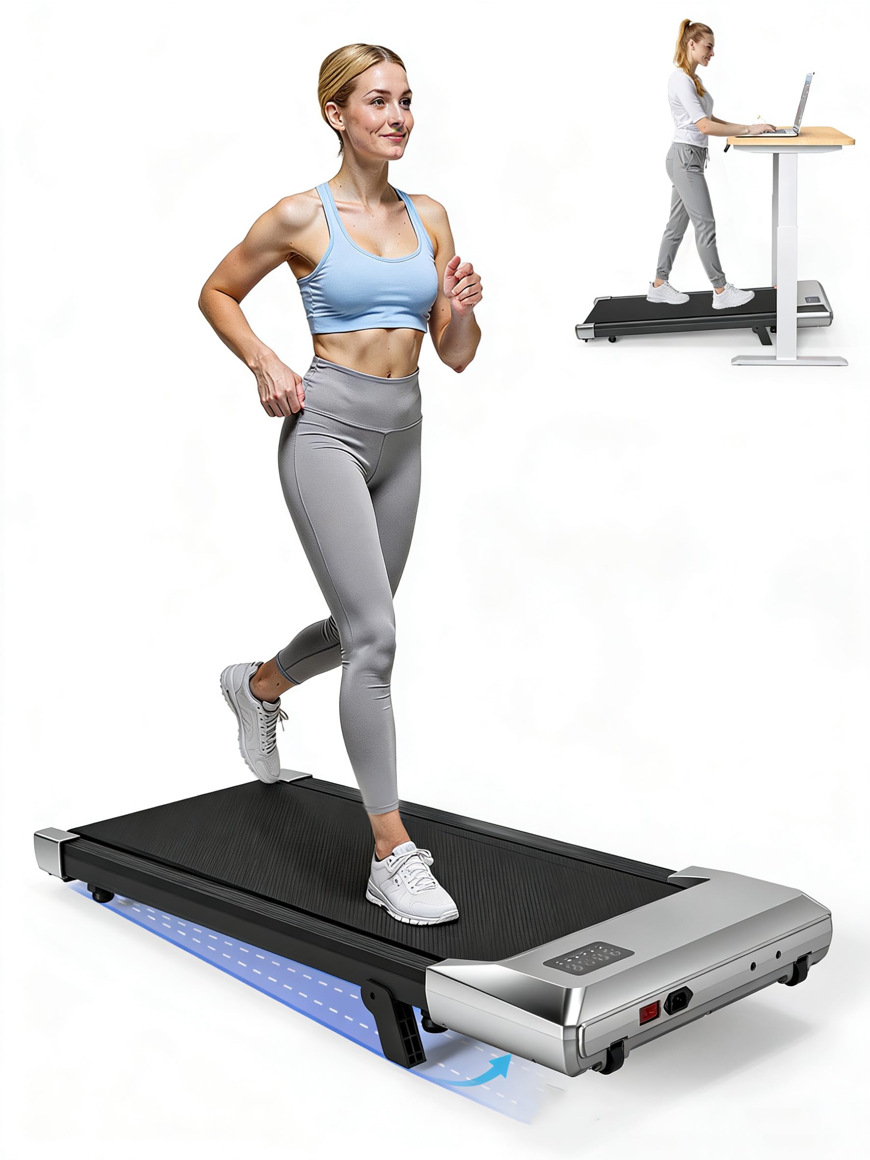 Superun BA04 Walking Pad Treadmill in use, showing a person walking on it under a desk.