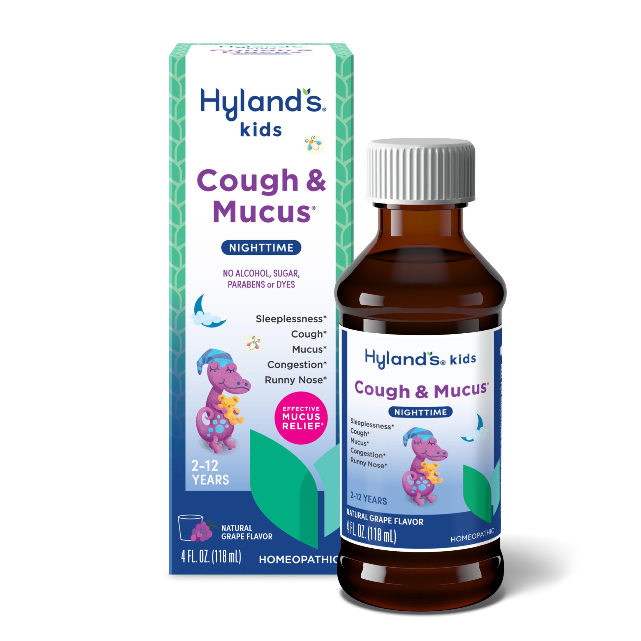 Hyland'sKids Nighttime Cough Syrup and Mucus Relief, Kids Medicine for Ages 2-12, Grape Flavor, Promotes Sleep, Cough, Runny Nose, Mucus and Congestion, Ounces