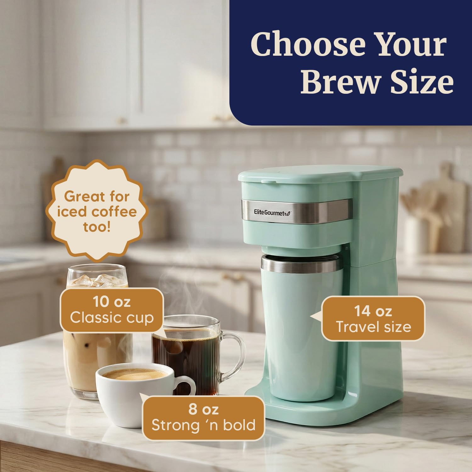 Elite Gourmet EHC113M Cafetera compacta personal de una sola porción, incluye taza de viaje térmica interior de acero inoxidable de 14 onzas, compatible con café molido, filtro reutilizable, menta | Incluye taza térmica interior de acero inoxidable de 14