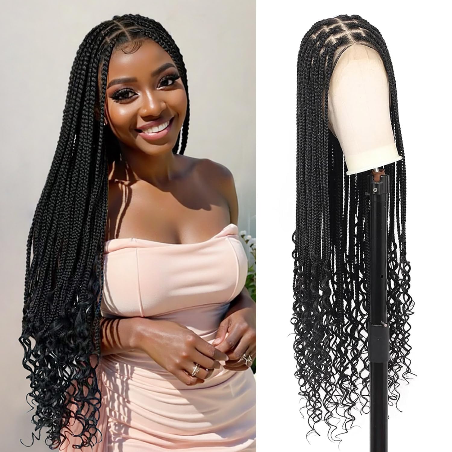Kalyss 360° Full Lace Braided Wigs for Women Box Braid Wig with Baby Hair Knotless Braided Wig Curly Ends Bohemian Long Black HD Lace Front Braid Wigs 36" Black
