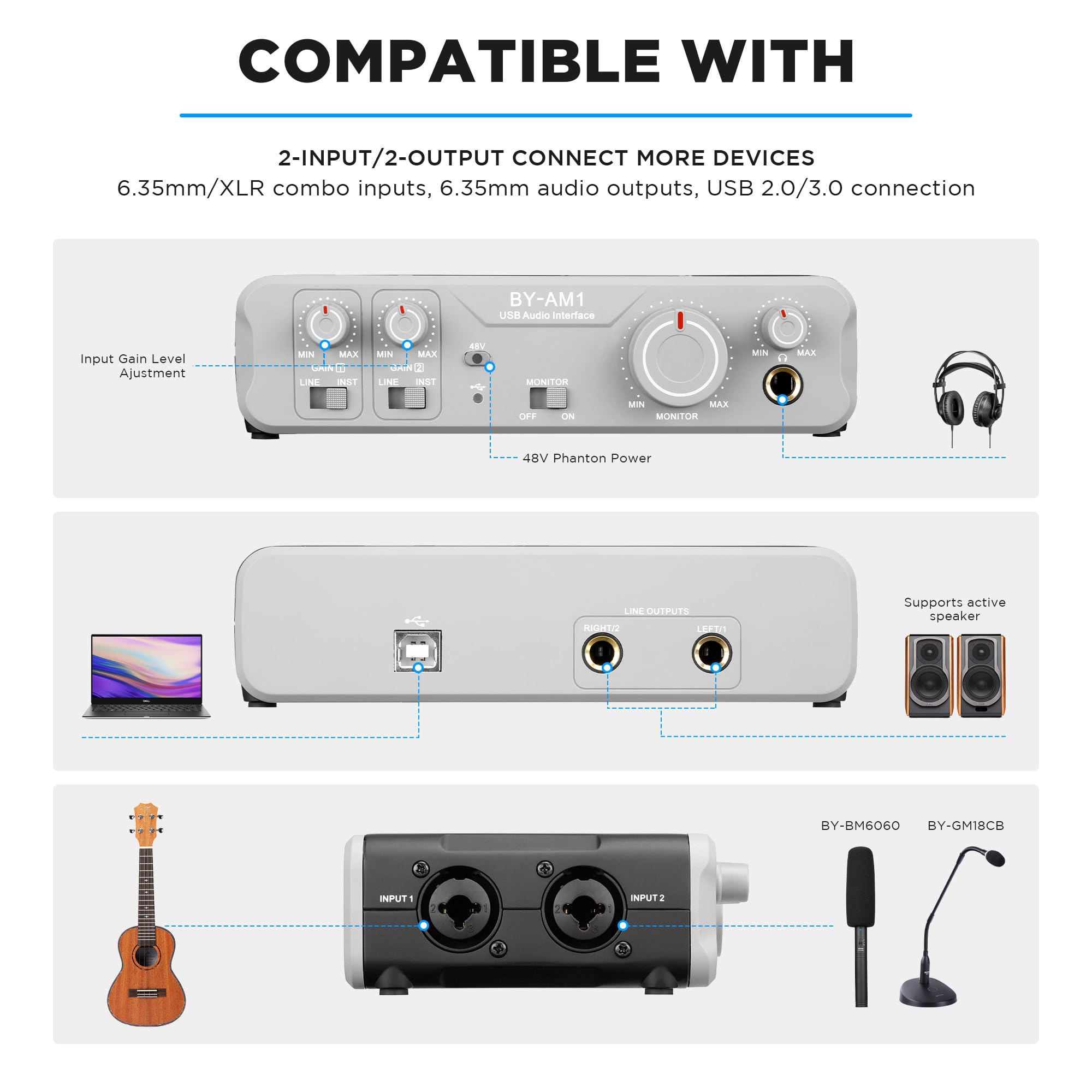 BOYA Mikser audio z interfejsem mikrofonowym XLR/6,35 mm, zasilanie fantomowe 48 V, dwukanałowe, wzmocnienie, regulacja stereo/mono, regulacja głośności dla mikrofonu PC, klawiatury, podcastu,