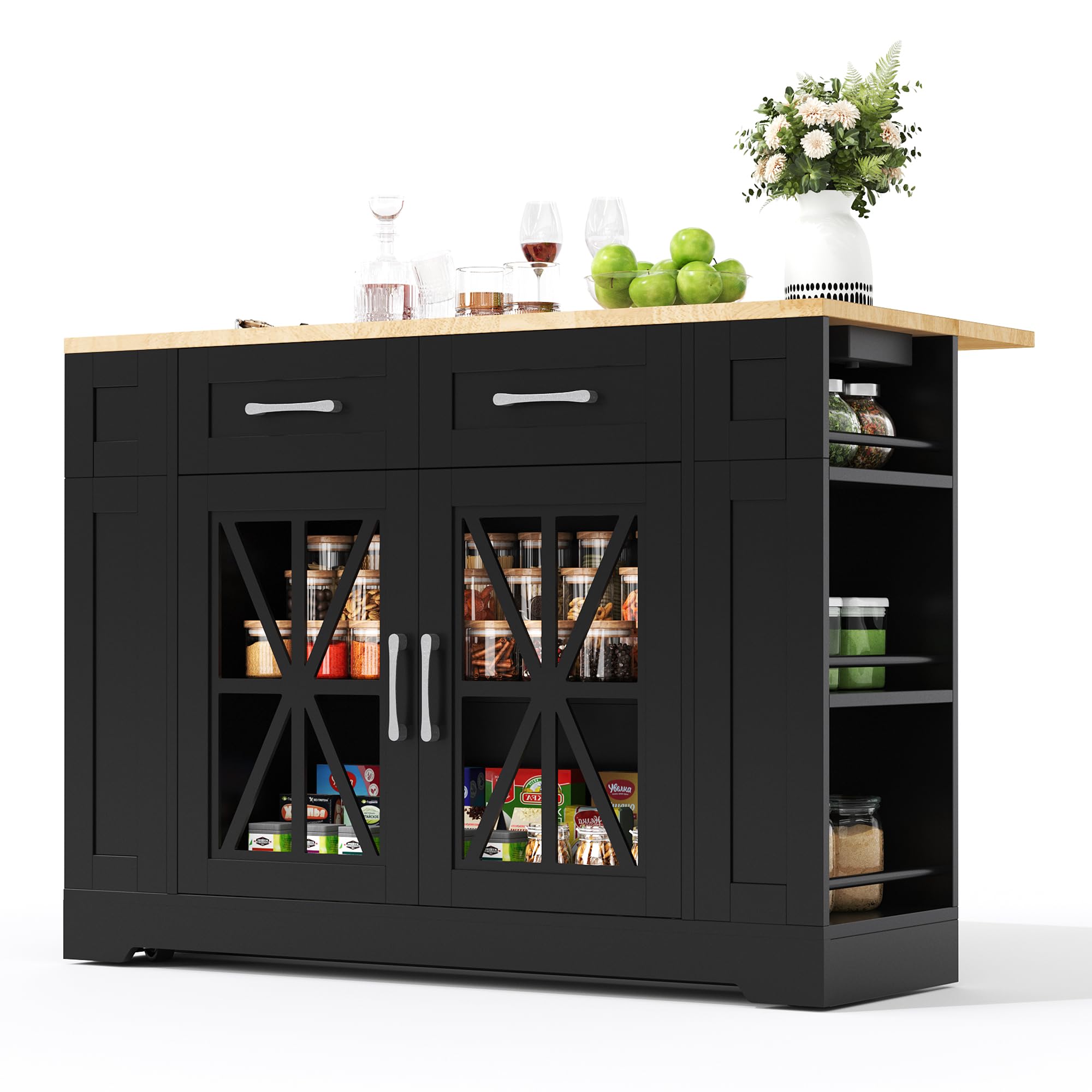 Shye Isola da cucina portatile 120 cm con tavolo da pranzo pieghevole, ripiano aperto, porta AC, porta USB, porta in vetro, laminato regolabile, ruote con freni per cucina, sala da pranzo, soggiorno