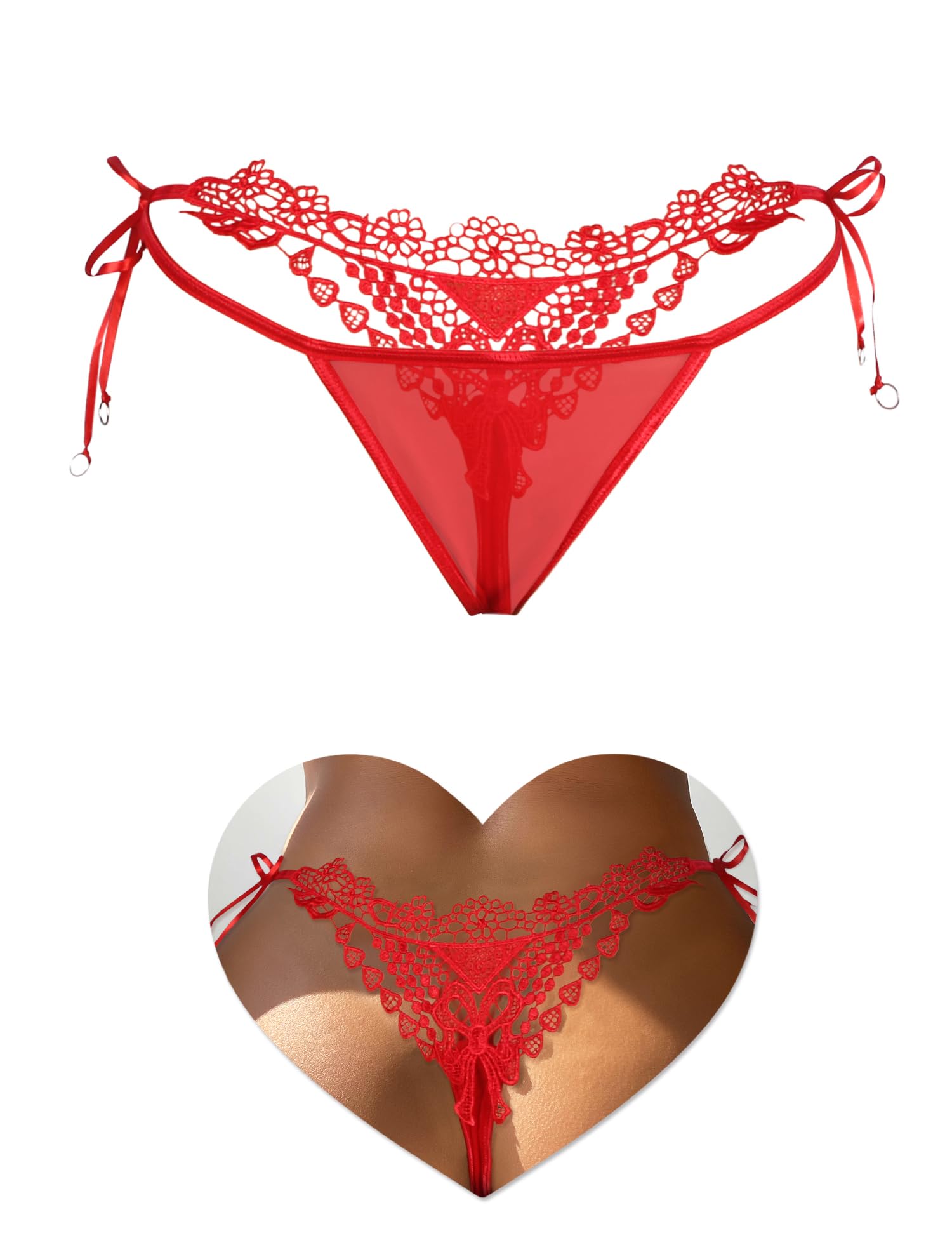 sunshinelady G String Tanga Damen Sexy Dünn Brasilien Slip Mit Stickerei Blumen Mesh Unterwäsche Low Waist Bändchen Unterhosen Große Größen Micro Bikini T Back Dessous Reizwäsche Thongs Rot M