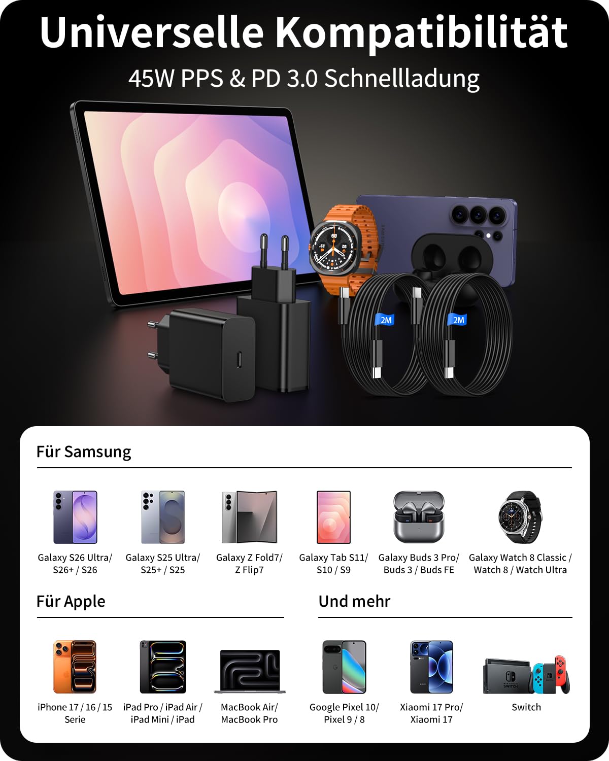 45W Ladekabel USB C Schnellladekabel Ladegerät für Samsung Galaxy S26 Ultra S25 S24 S23 S22 FE 5G A56 A55 A54 A16, Note, Tab S8 S9, Super Fast Charger Schnelladegerät mit 2M Typ C Kabel, 2-Pack