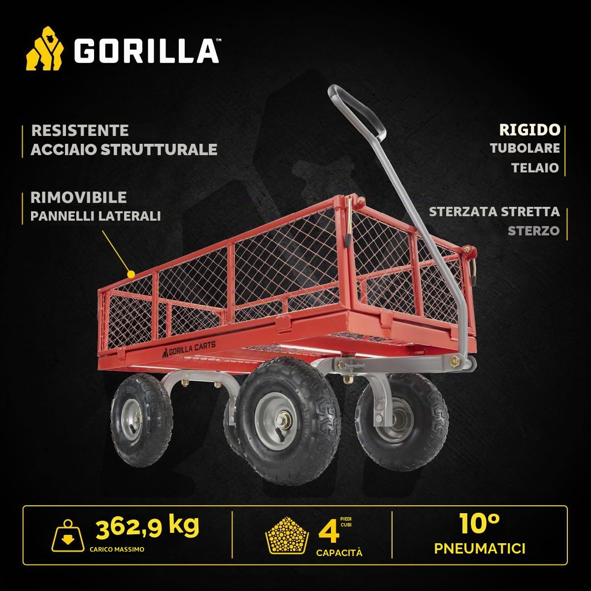 Gorilla Carts Carrello multiuso in acciaio, letto da 1,2 m, capacità di carico 362,9 kg, nero – Carro da trasporto resistente per esterni, con pannelli laterali rimovibili per cortile, prato, giardino