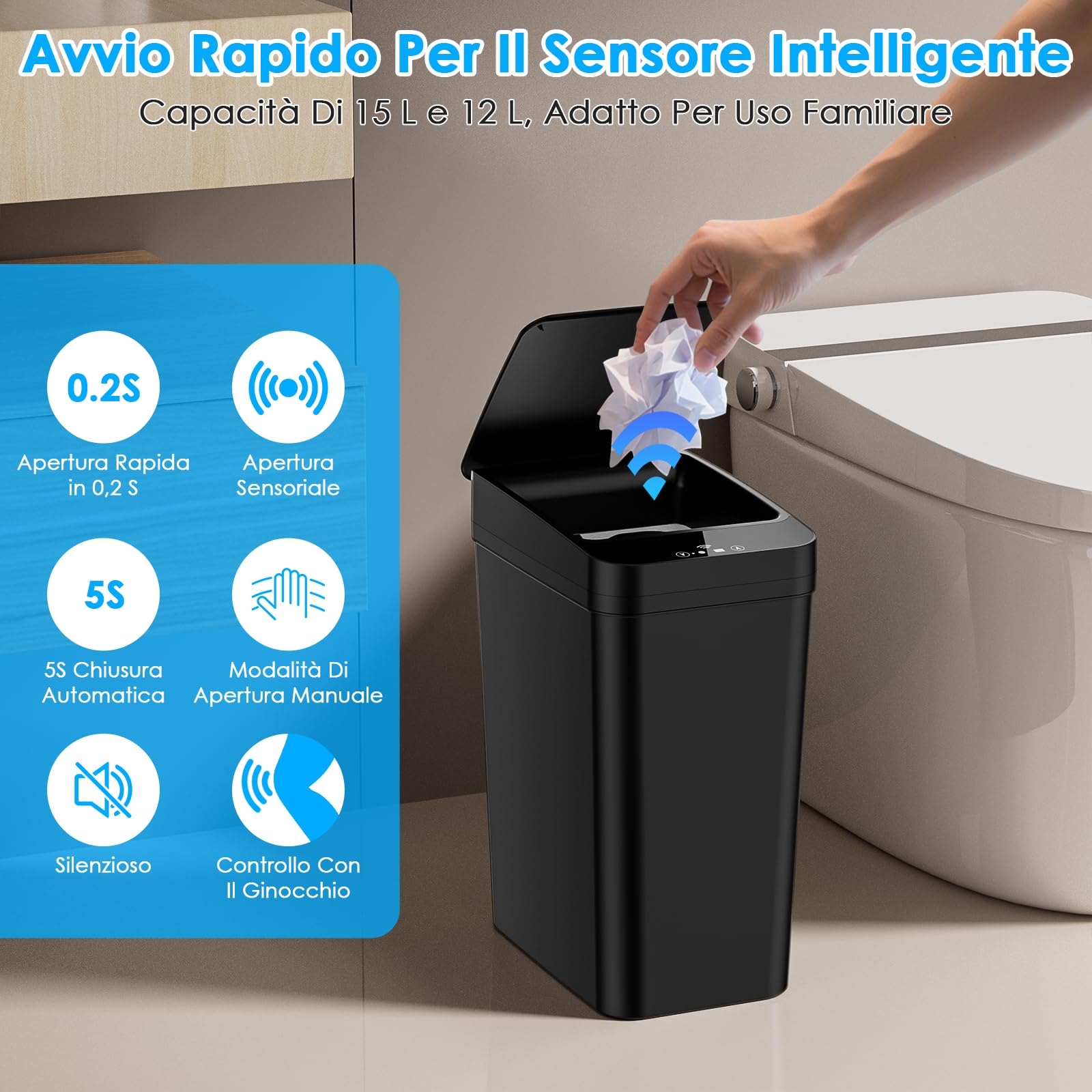 2 Cestino Bagno Pattumiera, Cestino Spazzatura Bagno Piccola da 15L & 12 litri, 3 Modalità di Funzionamento, Cestino Intelligente Silenzioso e Impermeabile, per Cucina, Ufficio, Soggiorno