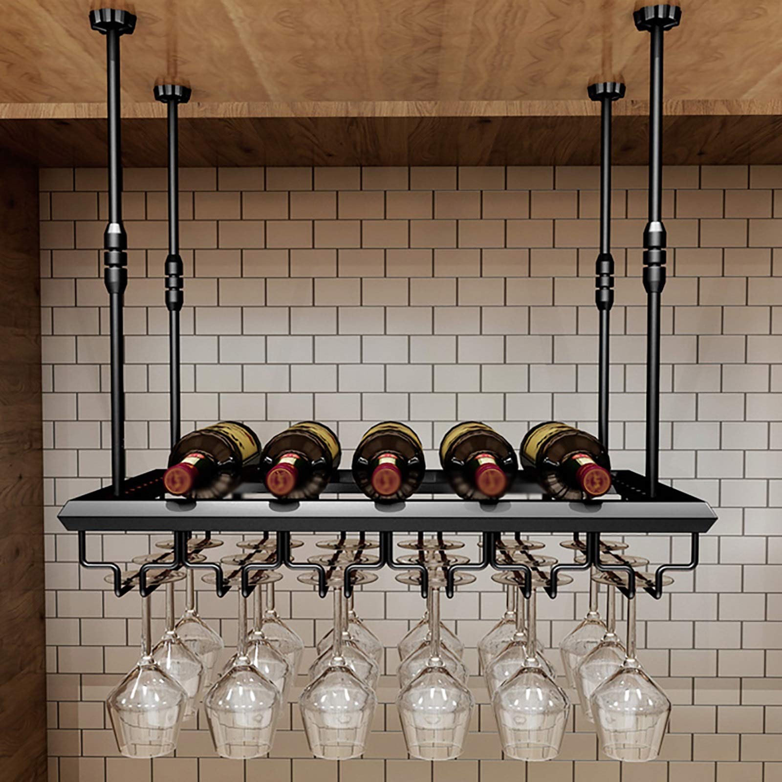 Casier à vin suspendu en métal et fer noir avec support à tasses pour cuisine