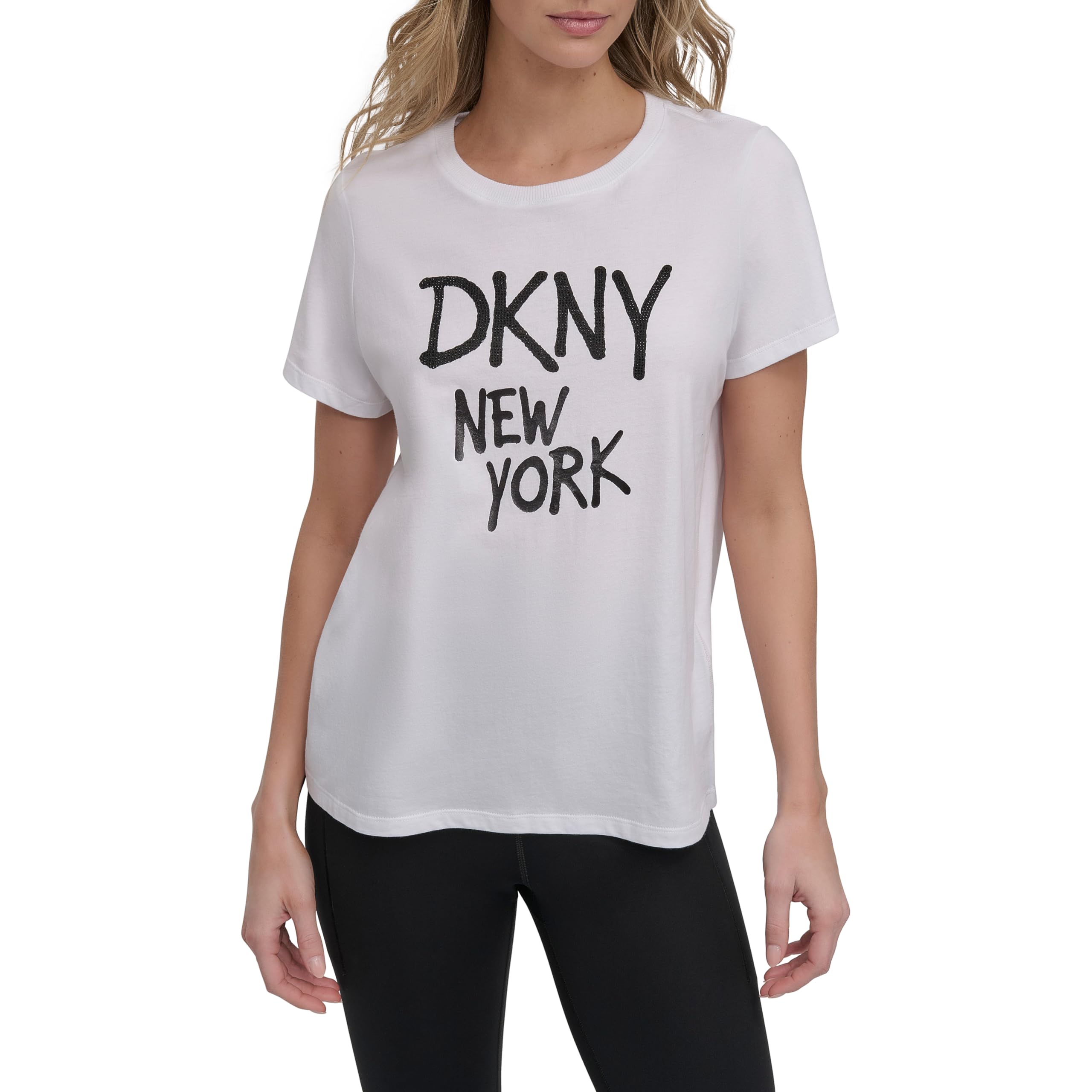 DKNY,Women's Blouse/Shirt,RHSTN GRFTI LG SS TE,WHT/BLK,M