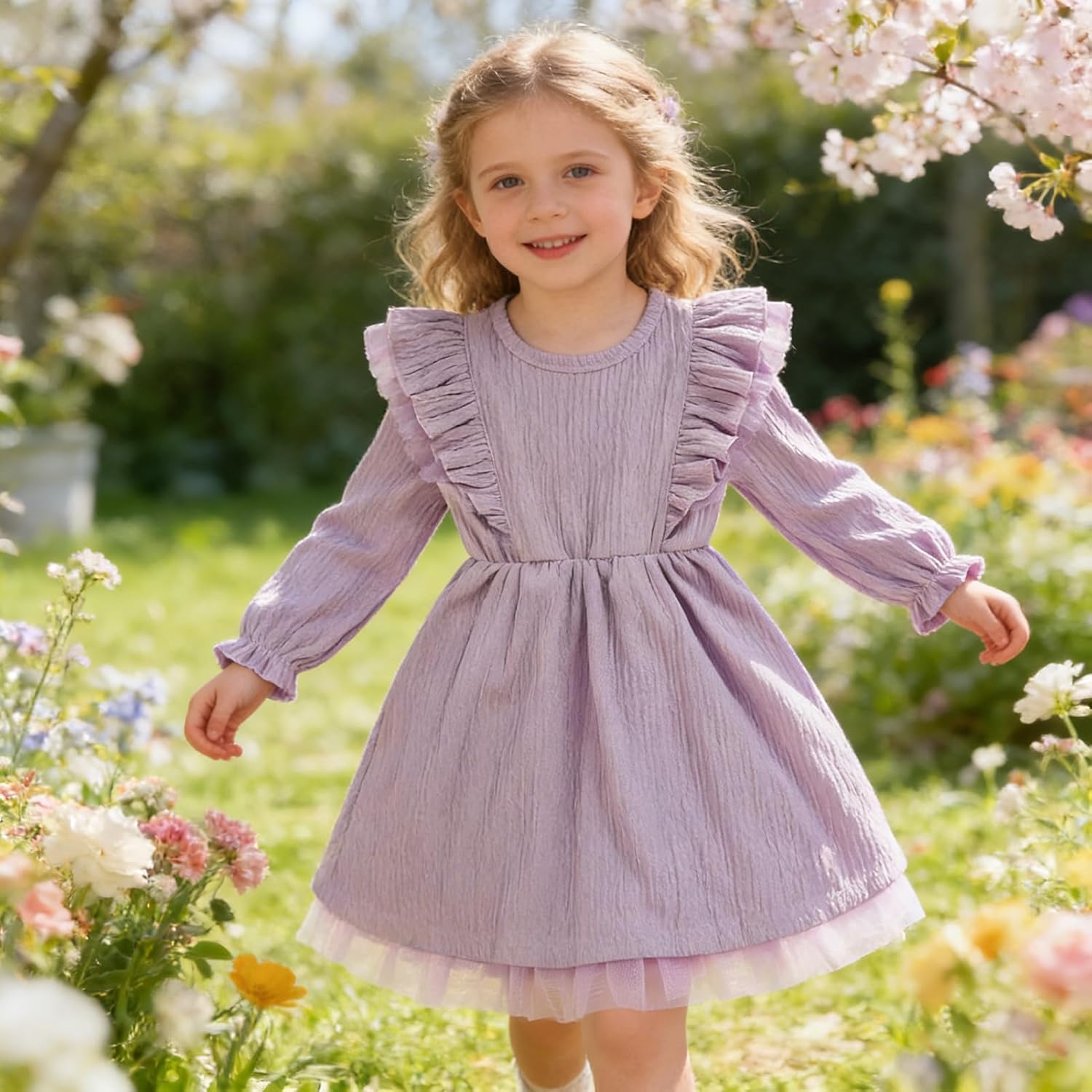 Toddler Girl Dress Fall Ruffle Long Sleeve Baby Girl Solid Color Casual Dresses 2-6Y - Image 2
