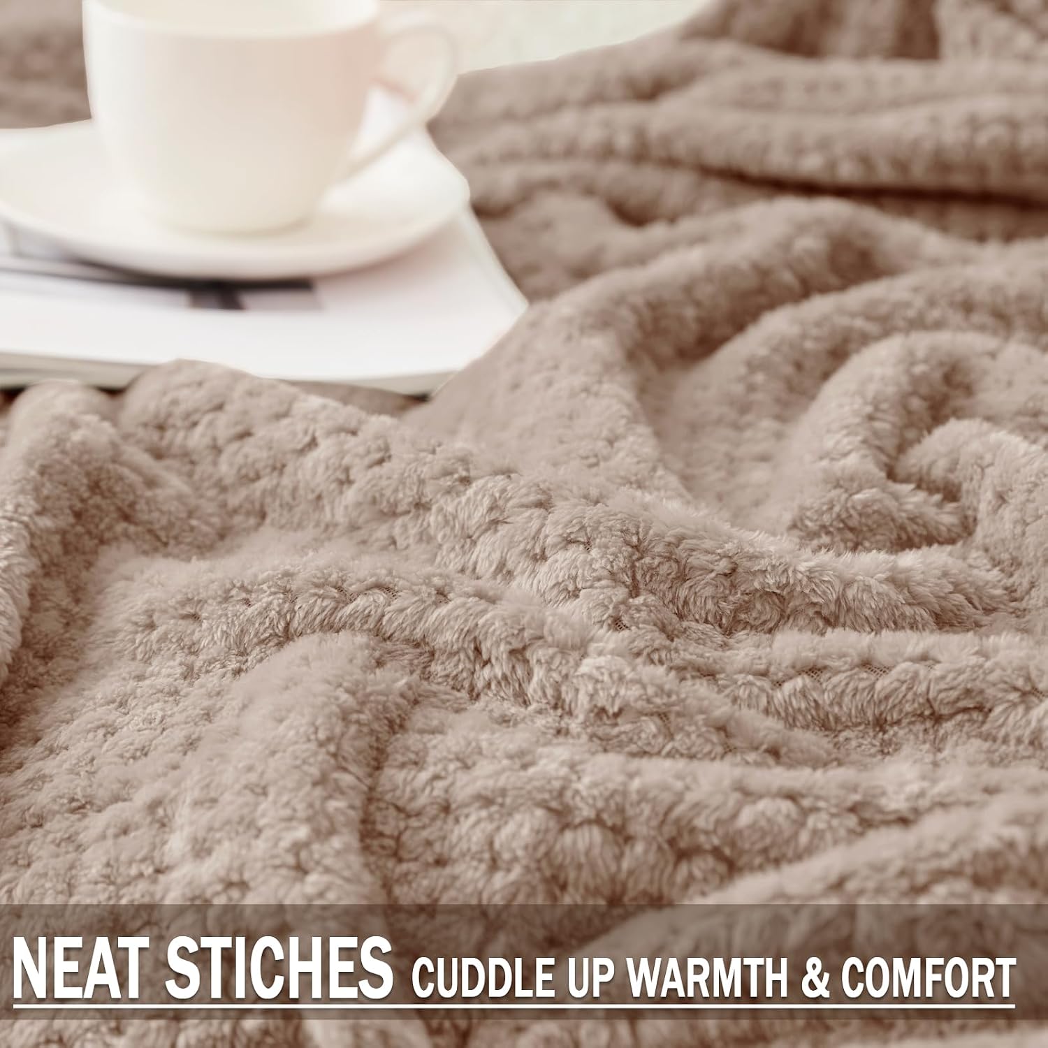 Exclusivo Mezcla Tan Fleece Throw Blanket 50x70 Inches Super Soft Warm Waffle Textured Cozy Fuzzy Lightweight