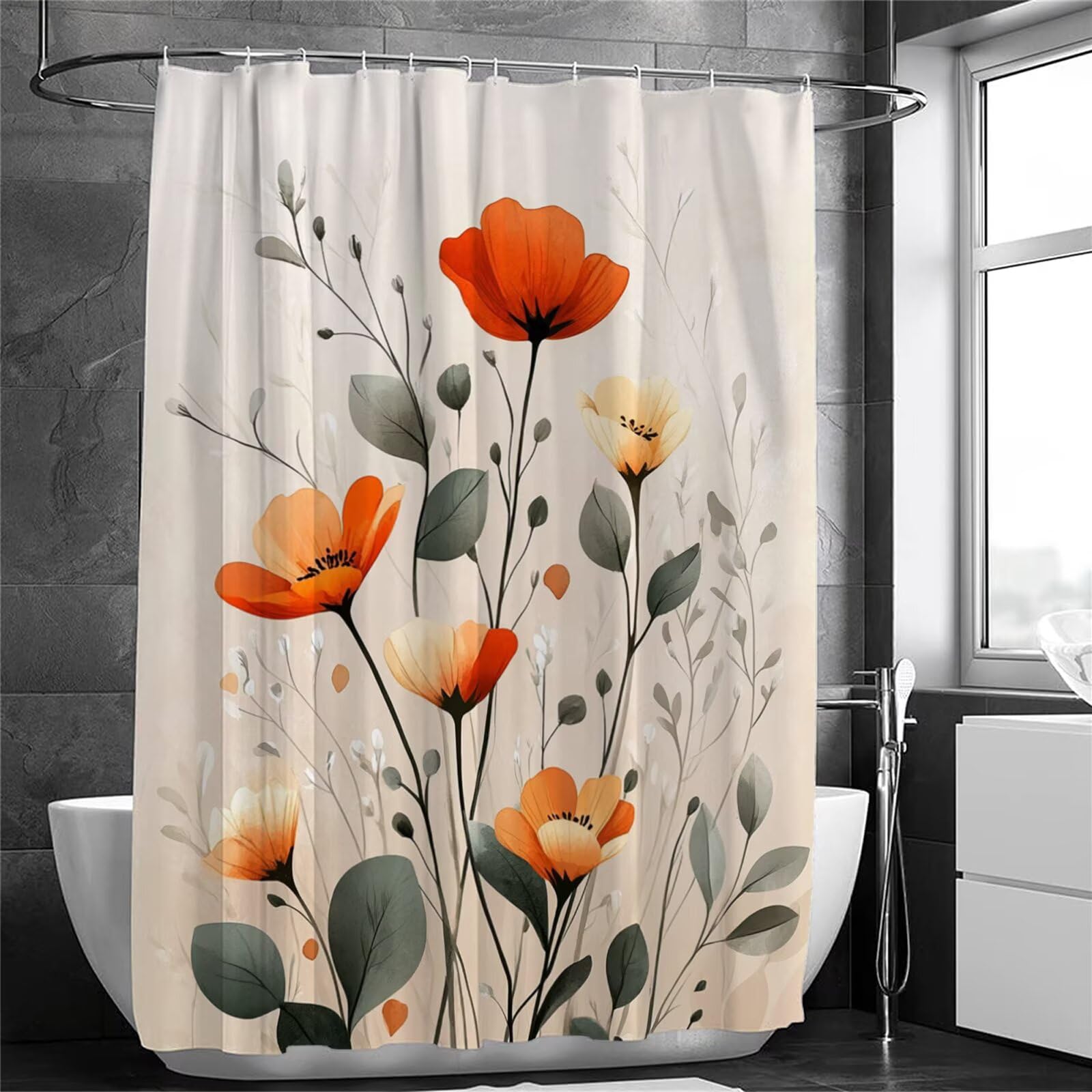 Pomarańczowa zasłona prysznicowa 240x200 cm Kwiat z obciążonym obszyciem i haczykami, zmywalna - wodoodporna - odporna na pleśń - szybkoschnąca zasłona prysznicowa do łazienki i wanny 3Y-450