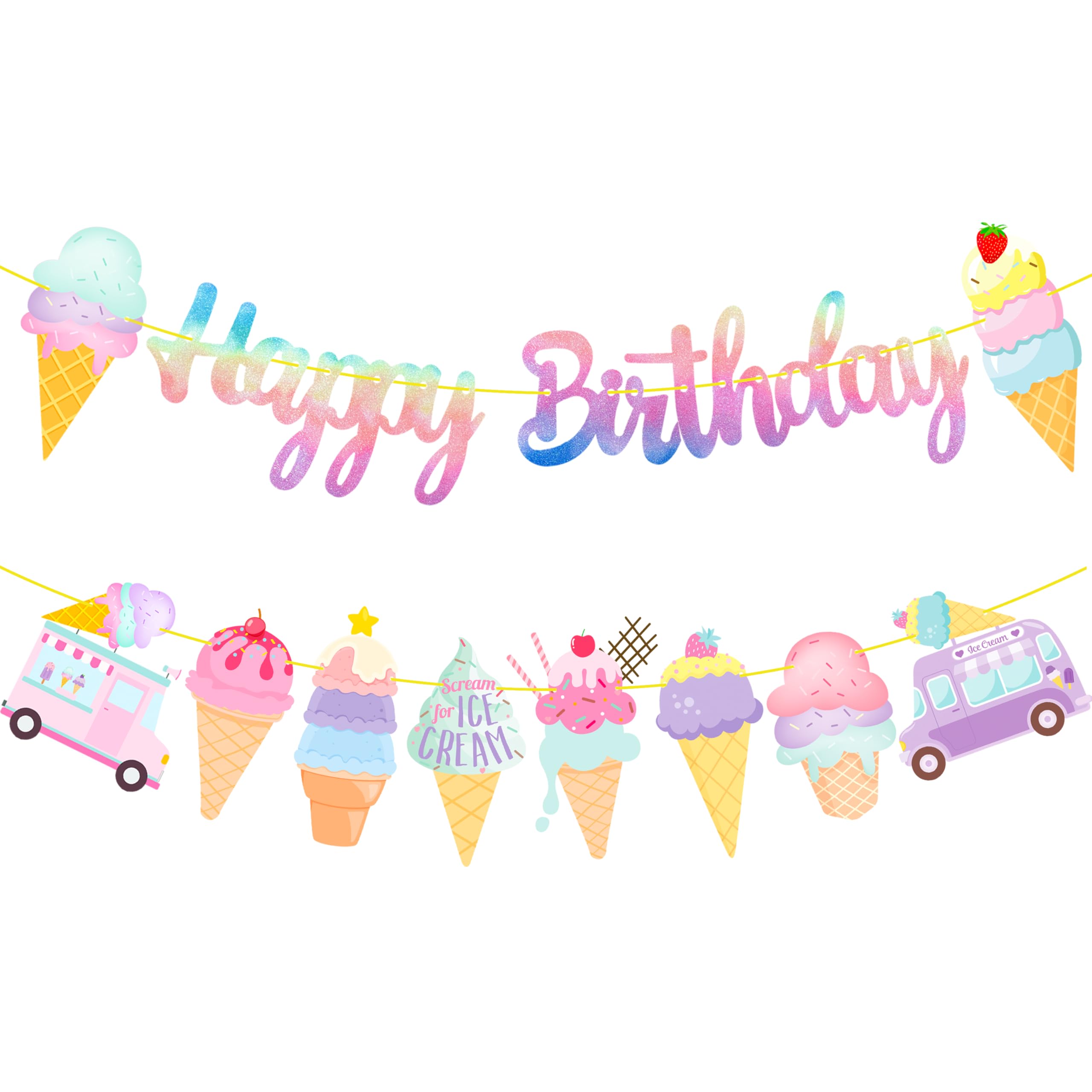 Ice Cream Birthday Party Banners Ice Cream Theme Decorations Colorful Happy Birthday Banners for Summer Theme Sweet Two Party Baby Shower Supplies
