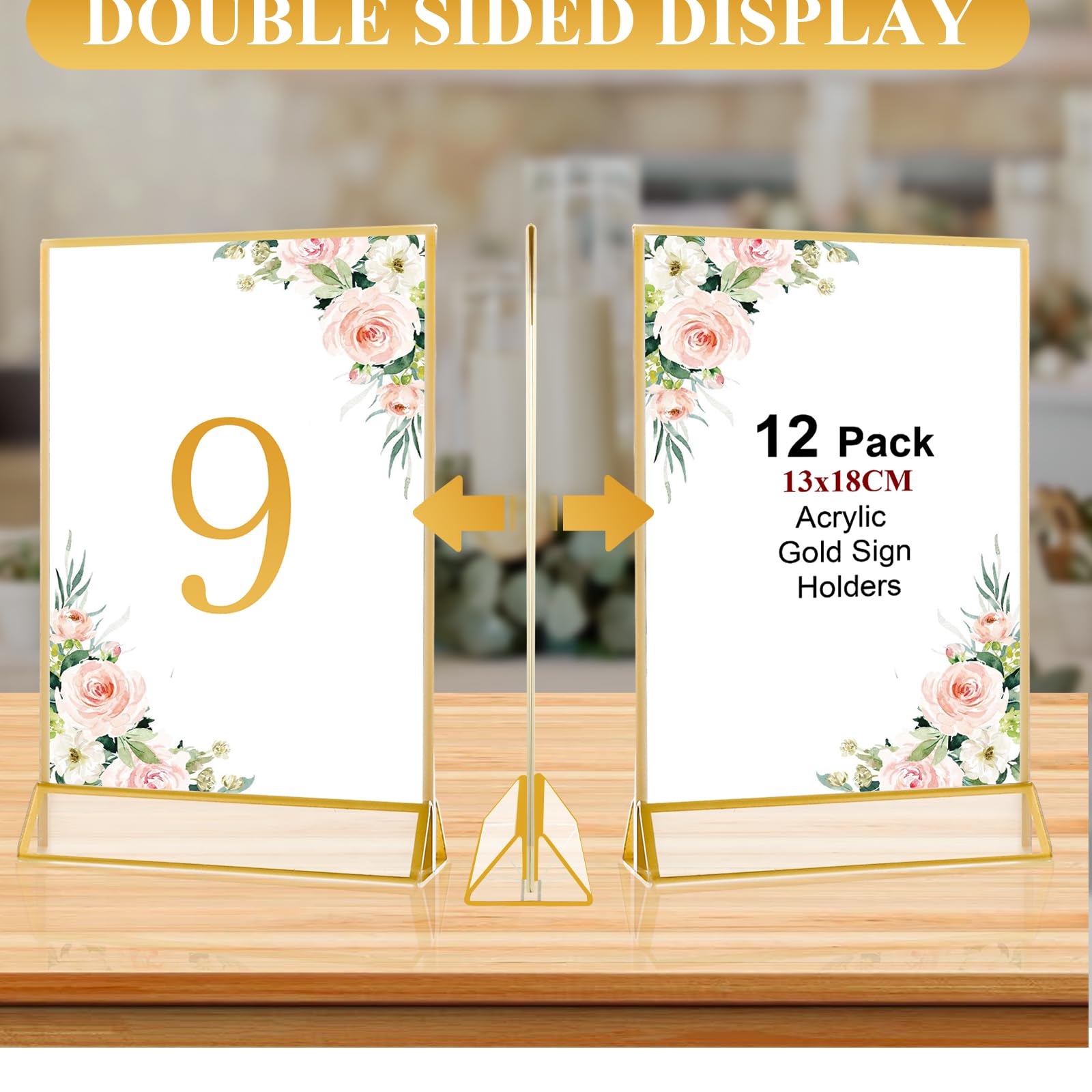 DAJAVE Cadres Photos Dorés Double Face 13x18CM - Pack de 12 - Porte-numéros de table dorés en acrylique, chevalets de table transparents pour affiche, porte-menus, cadres photos (A6)