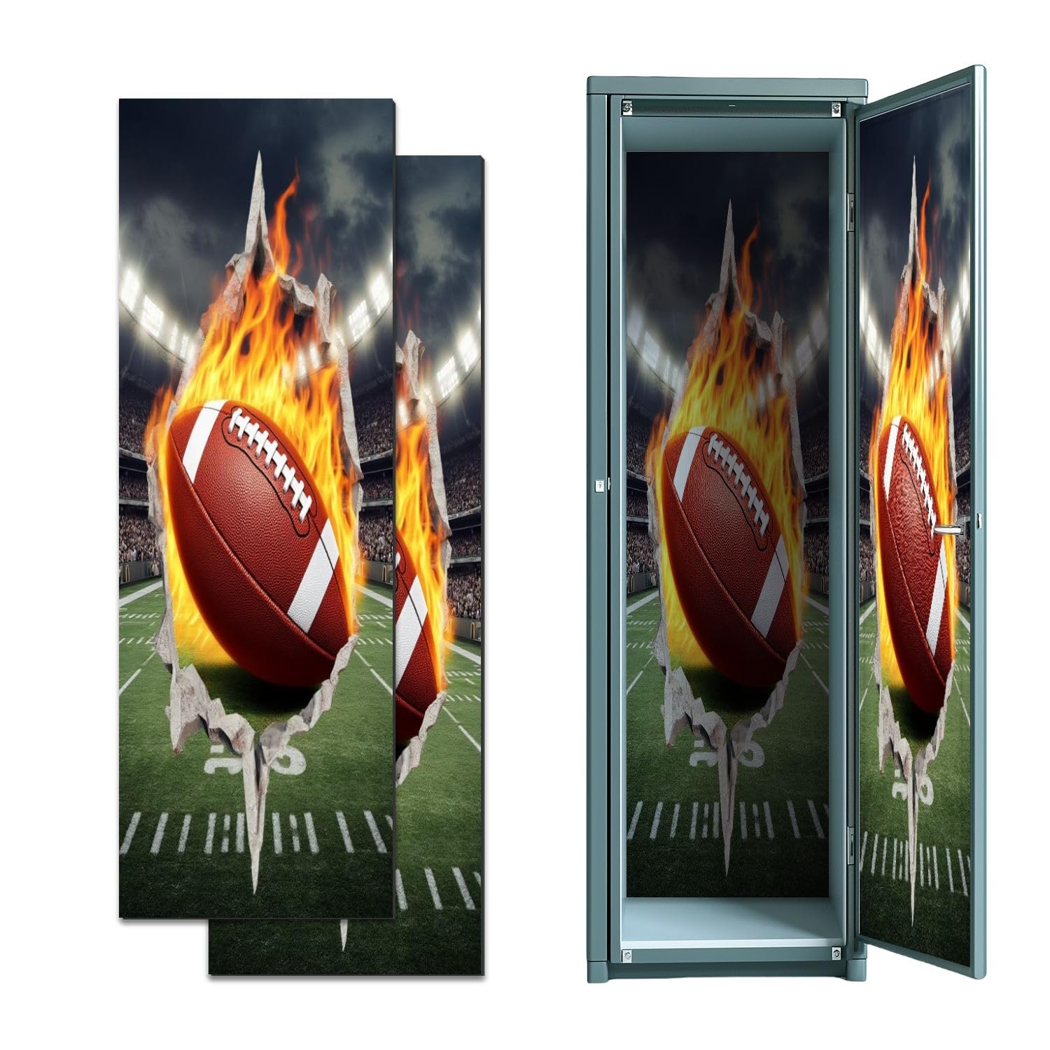 2 Pcs Locker Magnetic Wallpaper 3D Rugby Football Sports Theme Flames Shattered Wall Stadium 12" x 36" Wall Magnetic Sticker Removable Locker Accessories Decor Easy Install for Office School